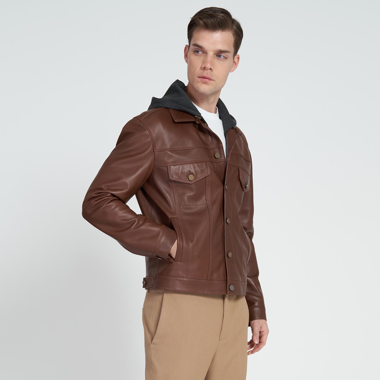 Giosue Kahve Erkek Kapüşonlu Deri Ceket