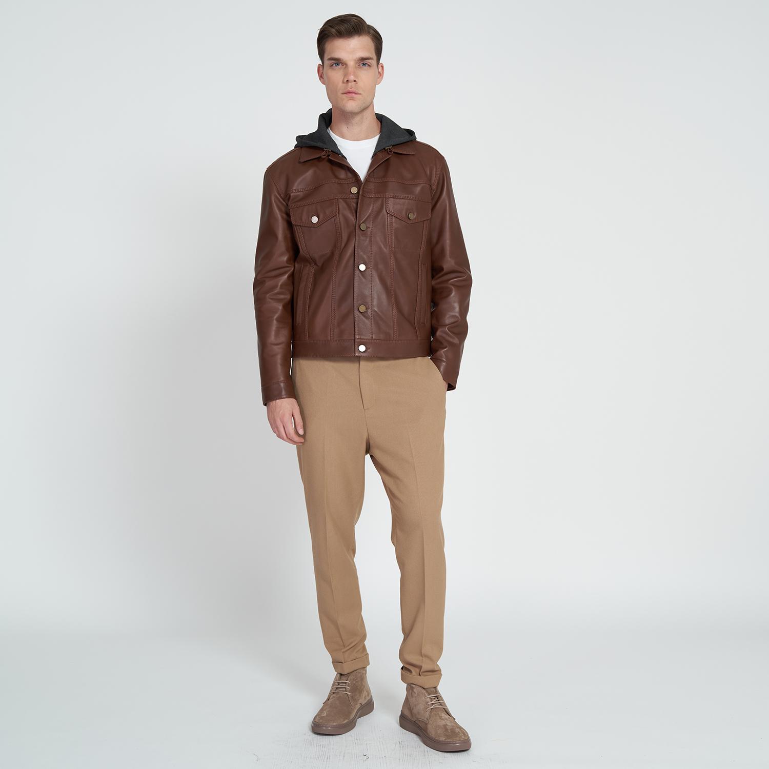 Giosue Kahve Erkek Kapüşonlu Deri Ceket