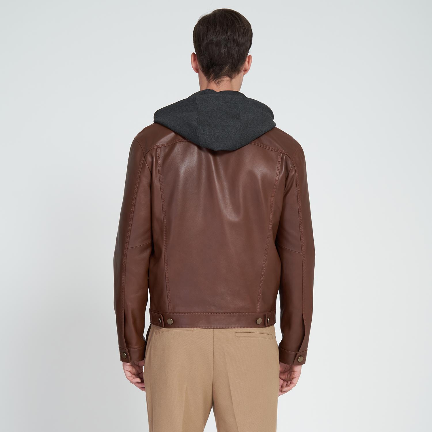 Giosue Kahve Erkek Kapüşonlu Deri Ceket