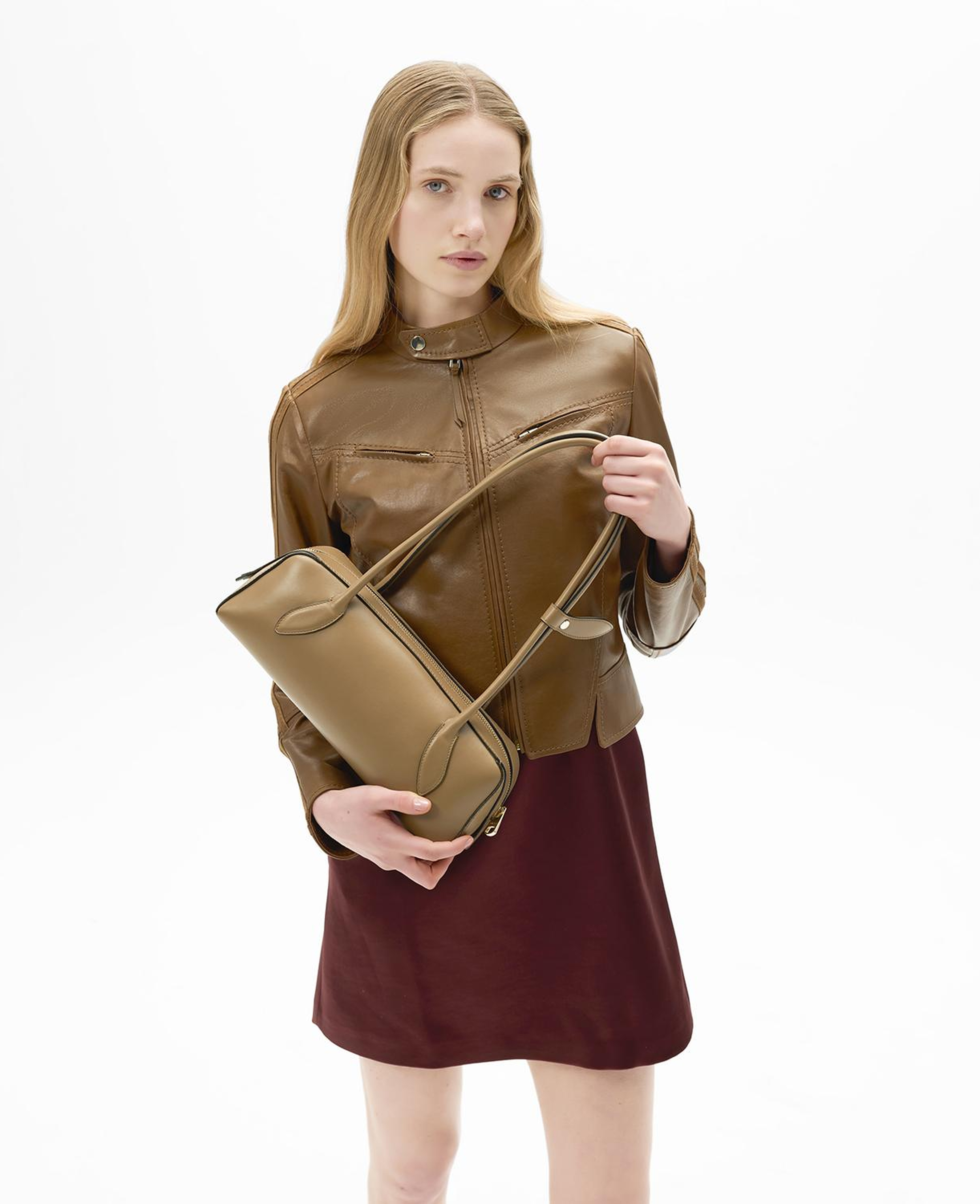 Kadın Taba Deri Biker Ceket