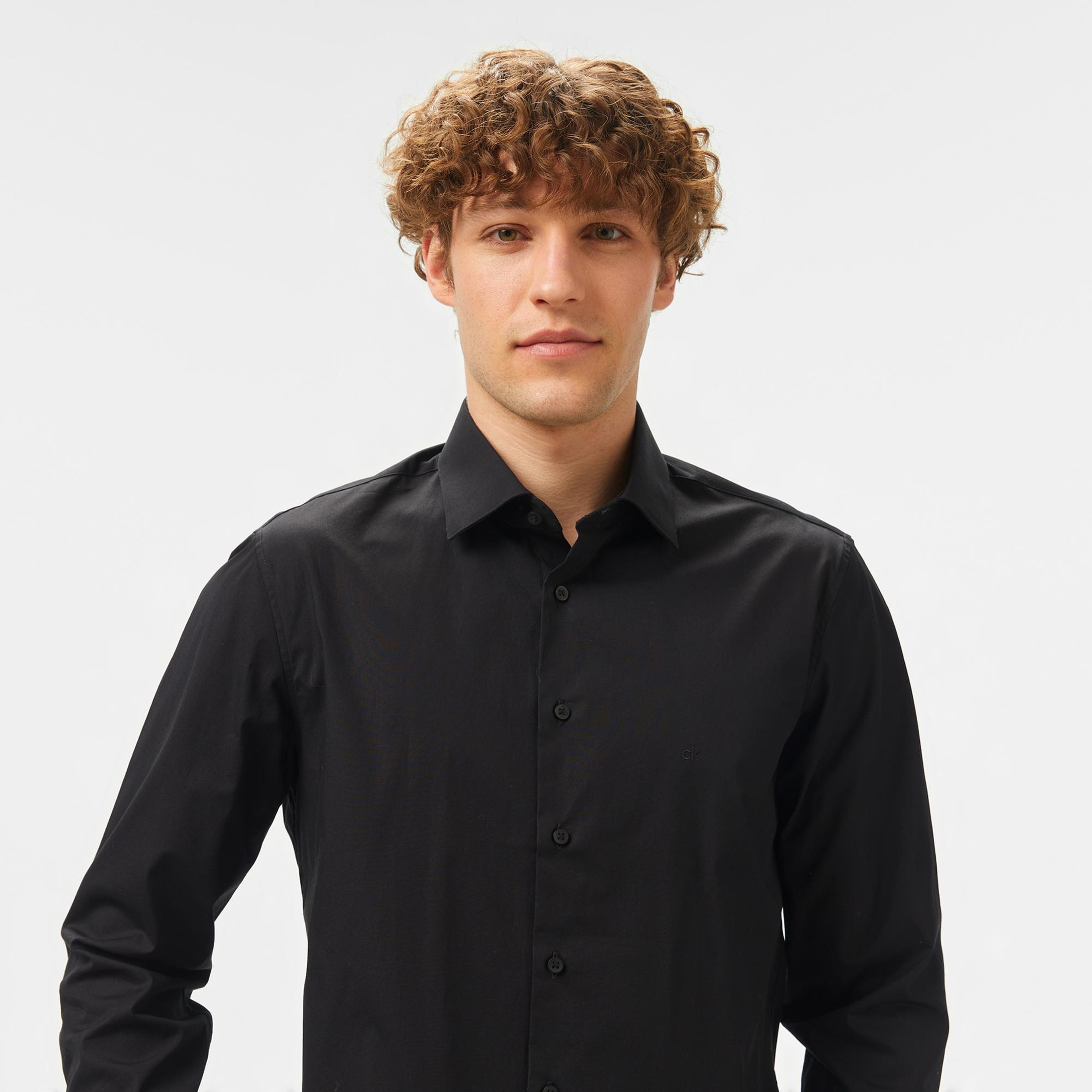 Calvin Klein Poplin Stretch Regular Erkek Siyah Gömlek