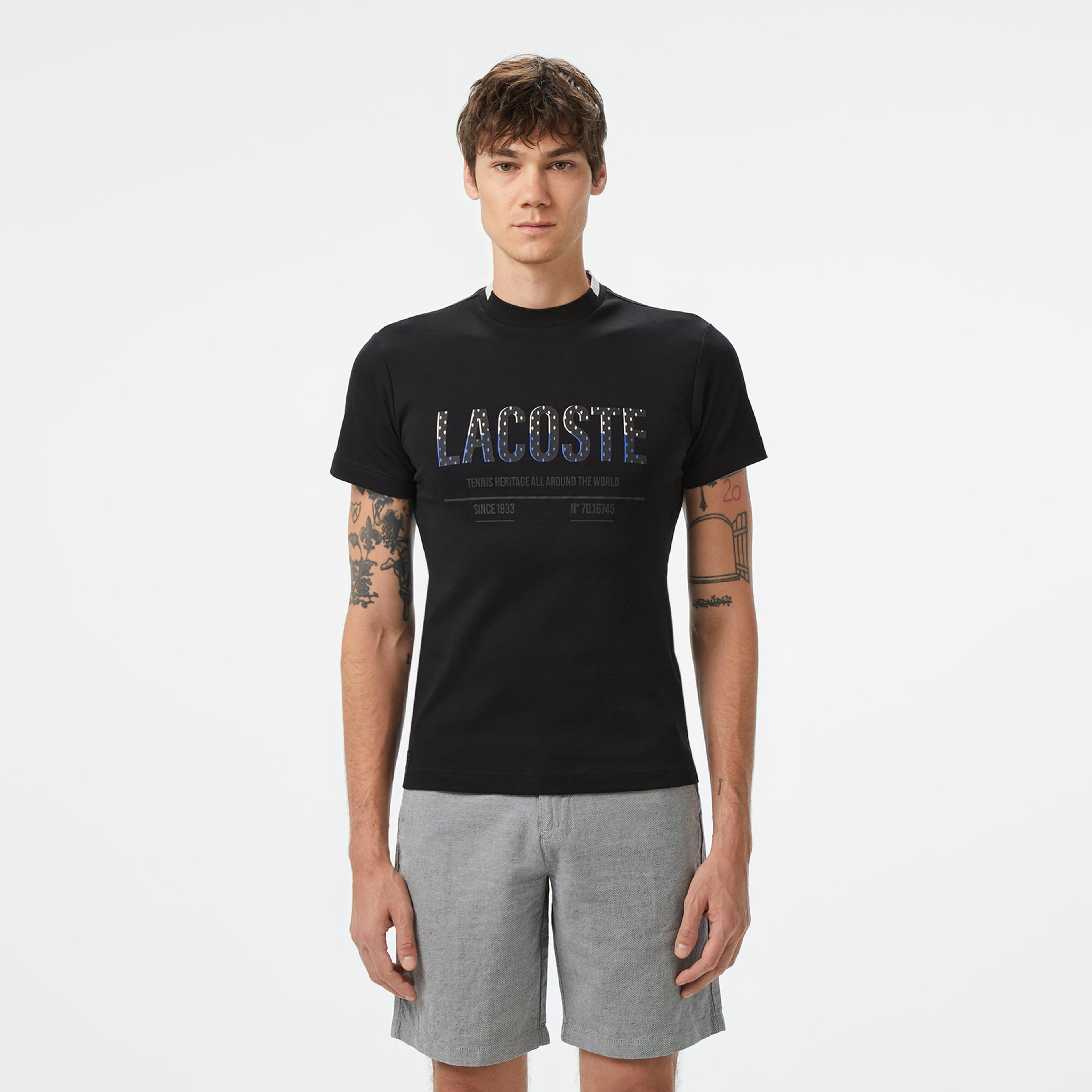 Lacoste Erkek Slim Fit Bisiklet Yaka Baskılı Siyah T-Shirt