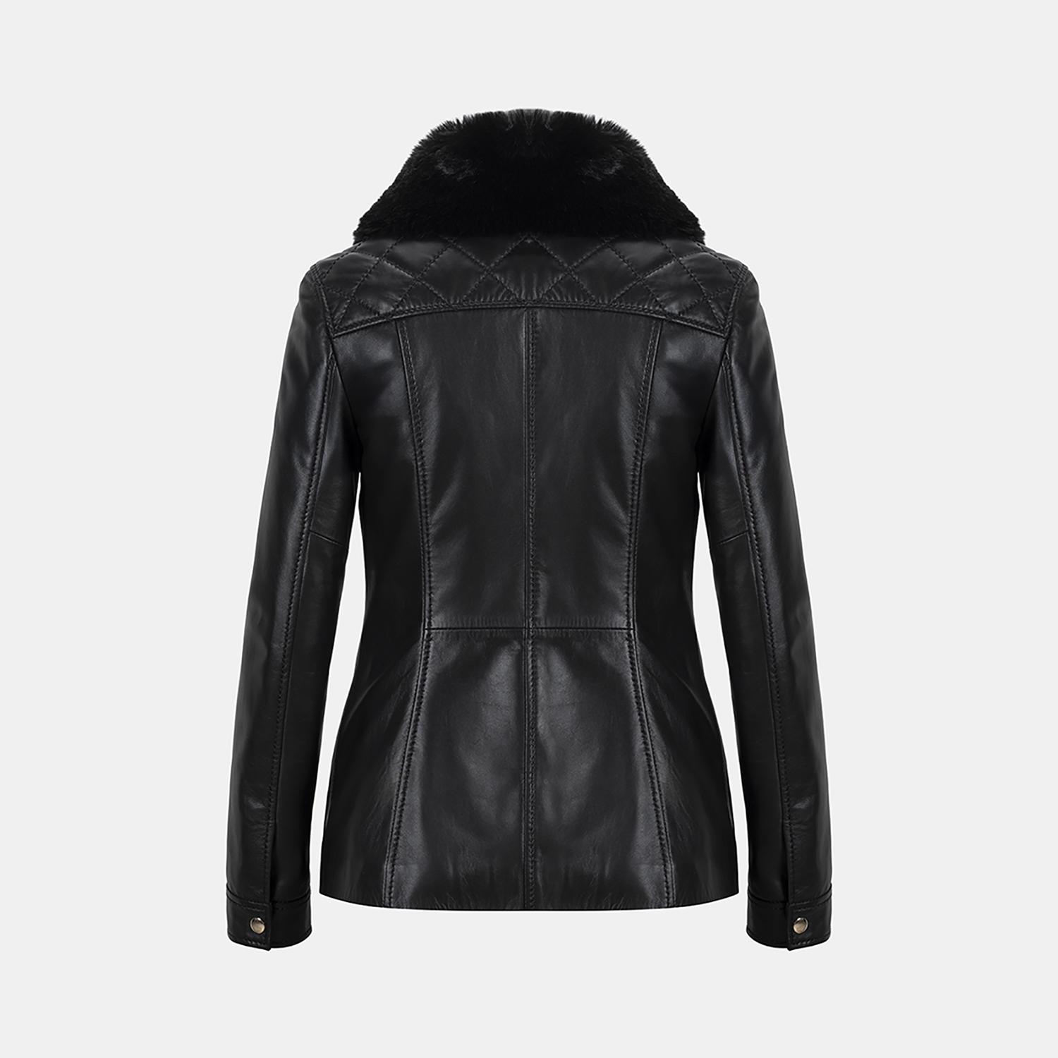 Kadın Siyah Yüksek Hakim Yakalı Deri Ceket