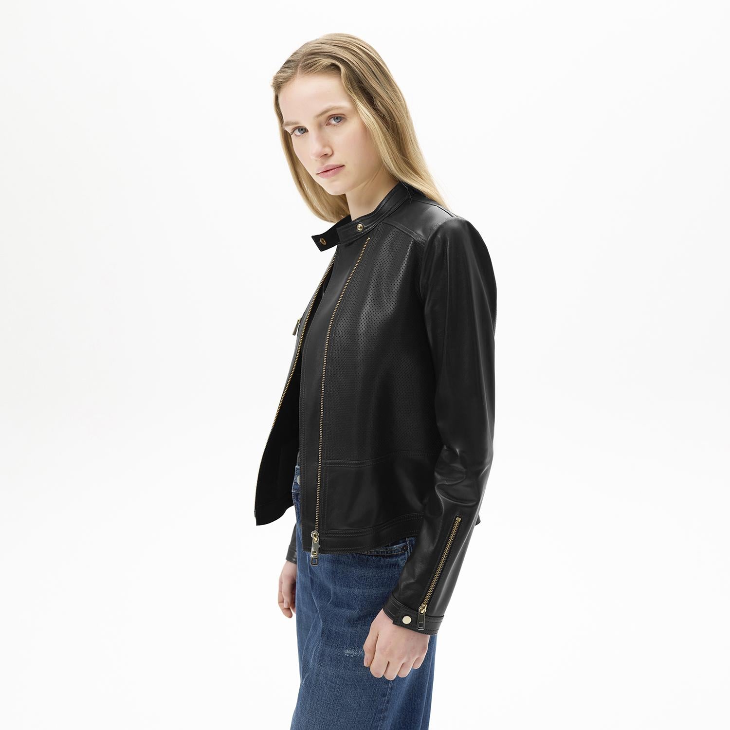 Kadın Siyah Perfore Detaylı Deri Ceket