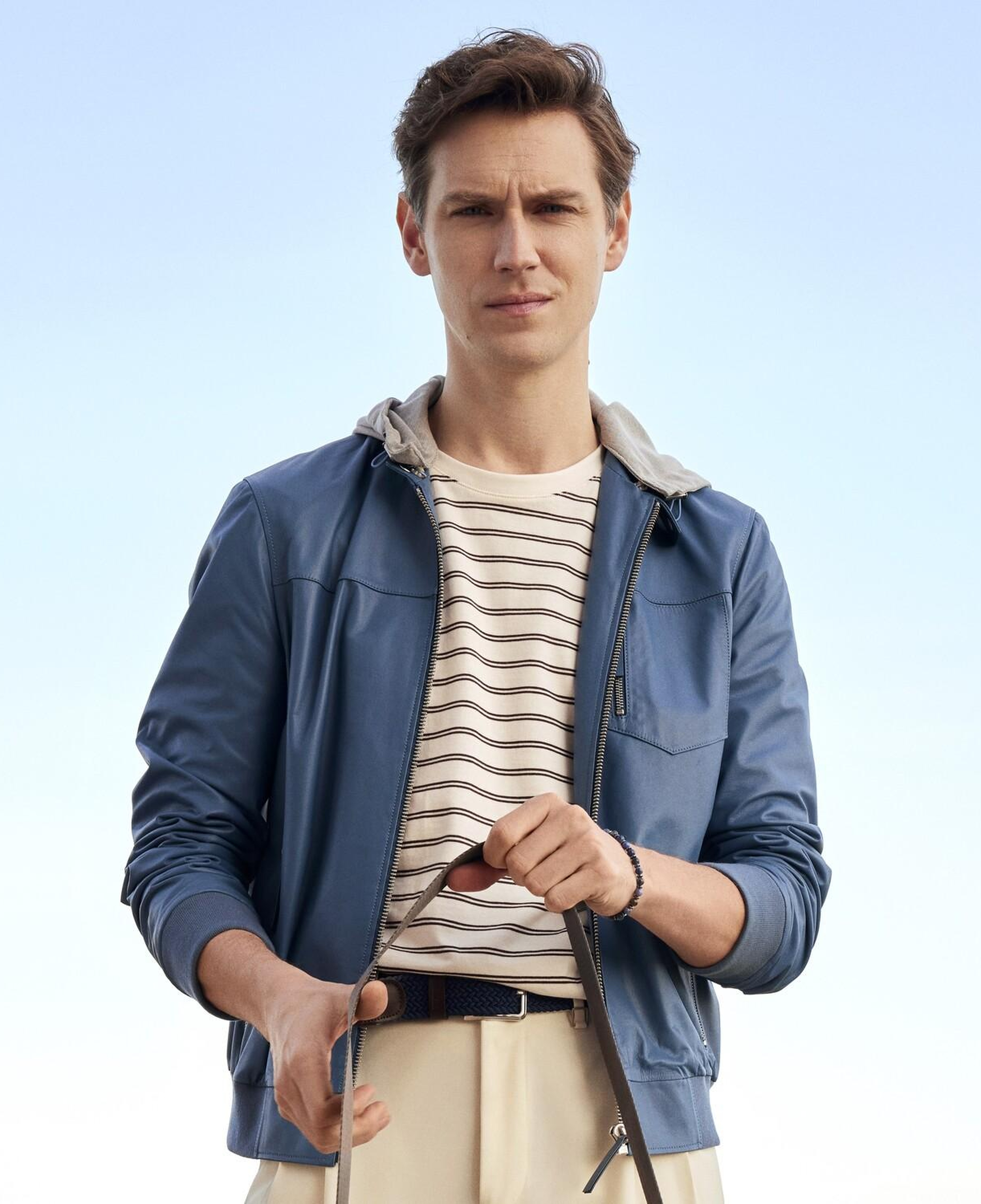 Also Mavi Erkek Kapüşonlu Deri Mont