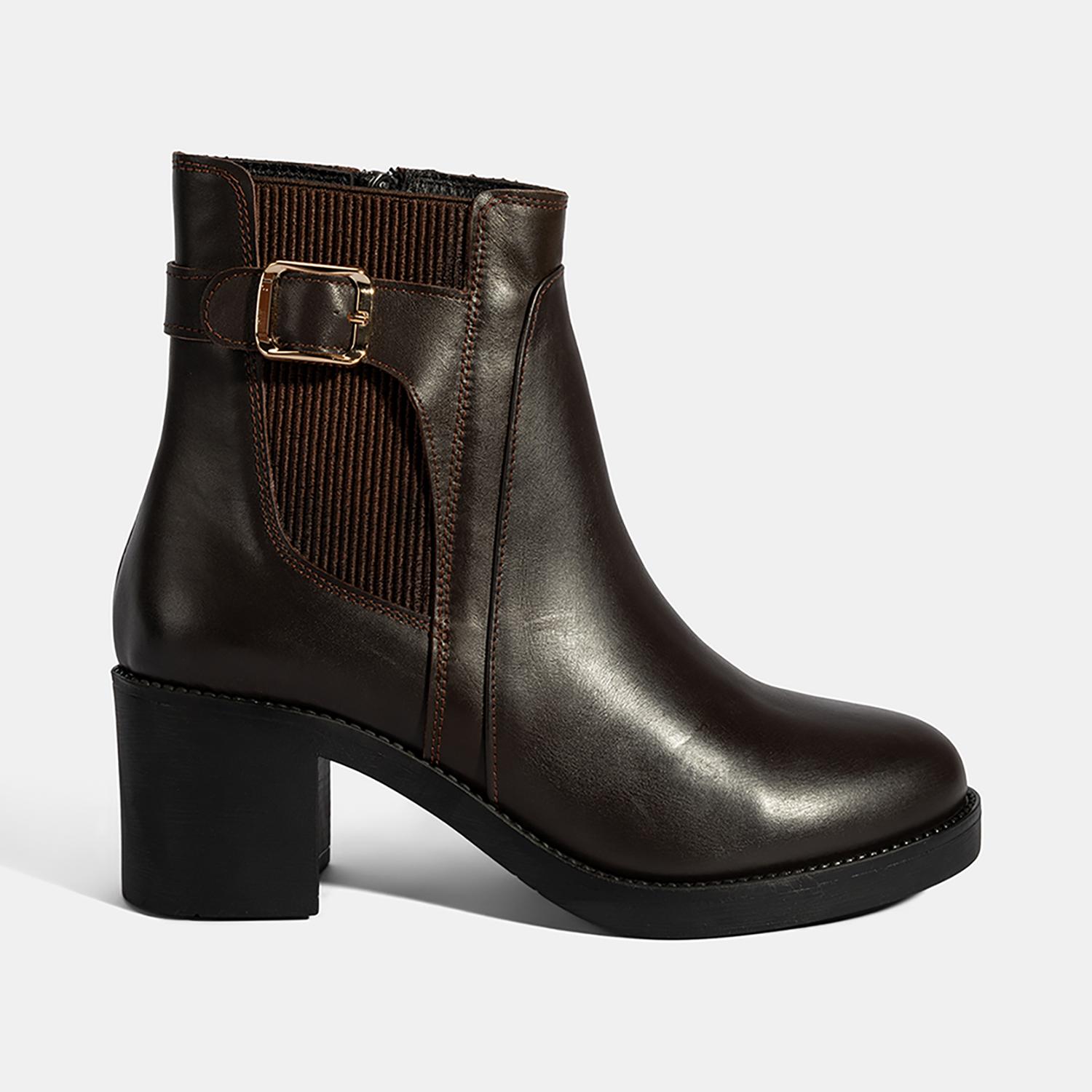 Kadın Kahve Metal Toka Detaylı Topuklu Deri Bot