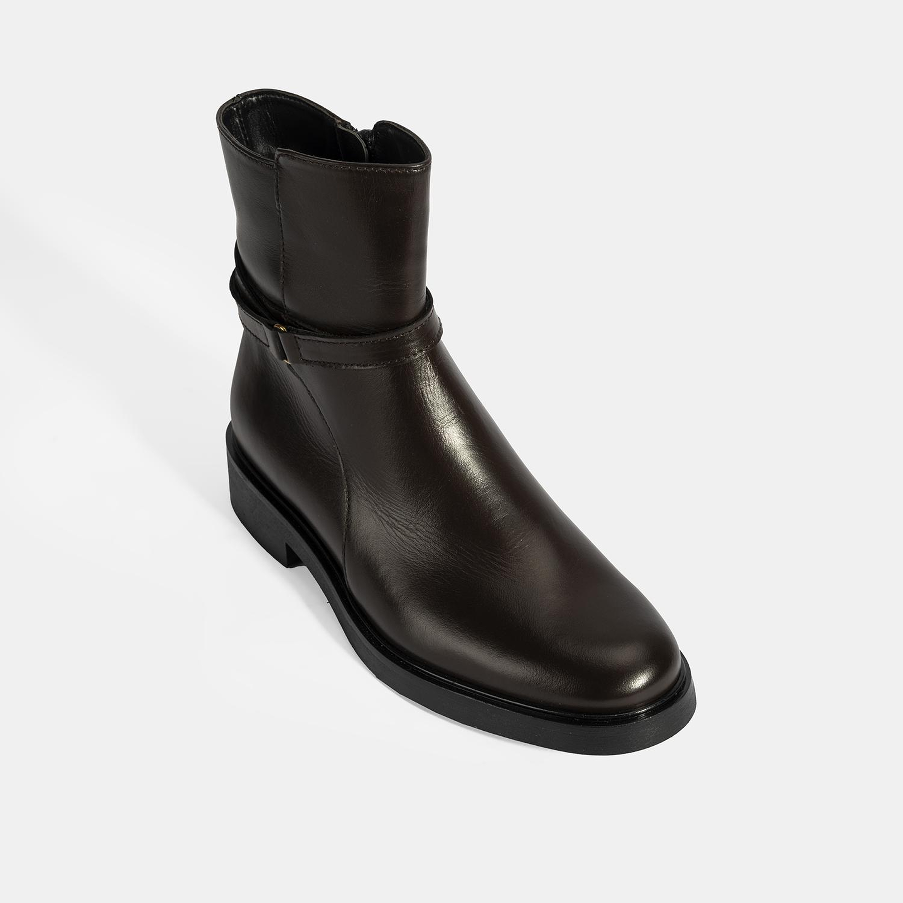 Kadın Kahve Metal Toka Detaylı Fermuarlı Deri Bot