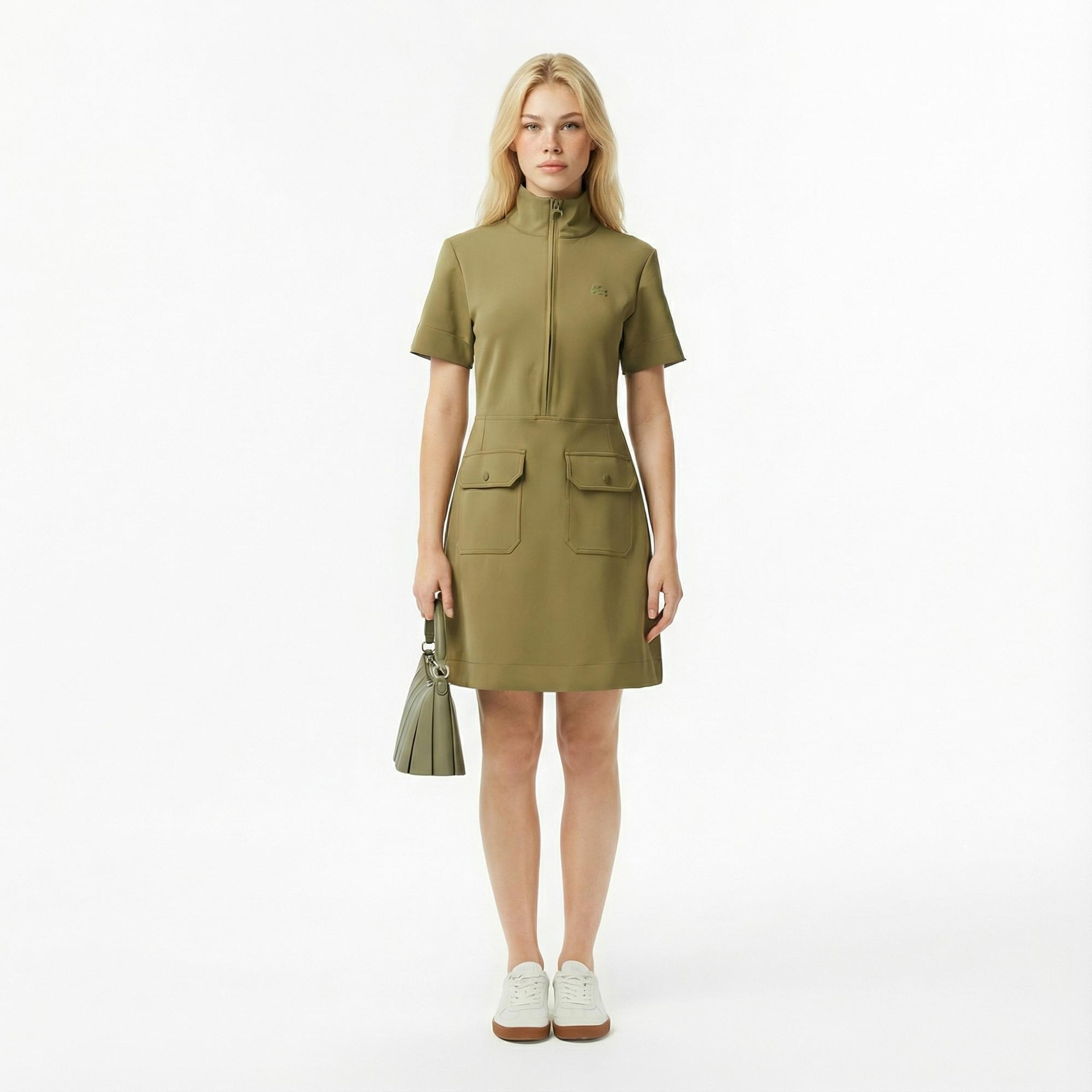 Lacoste Kadın Classic Fit Kısa Kollu Dik Yaka Haki Elbise