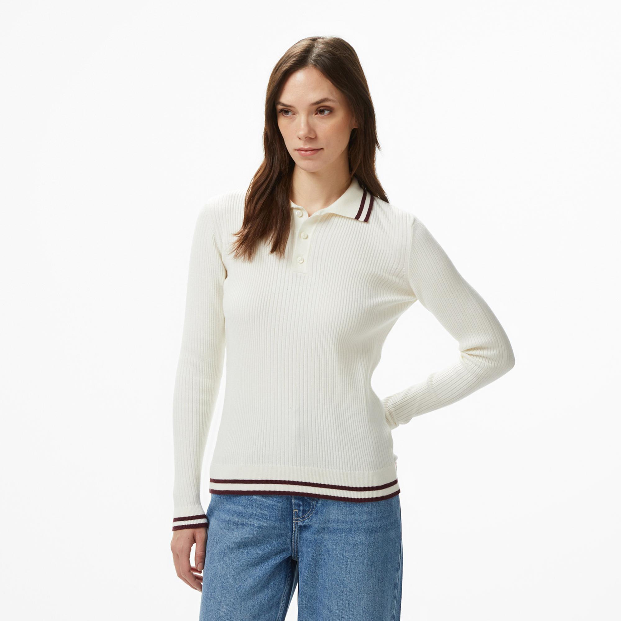 Nautica Kadın Krem Rengi Classic Fit Uzun Kollu Polo Yaka T-Shirt