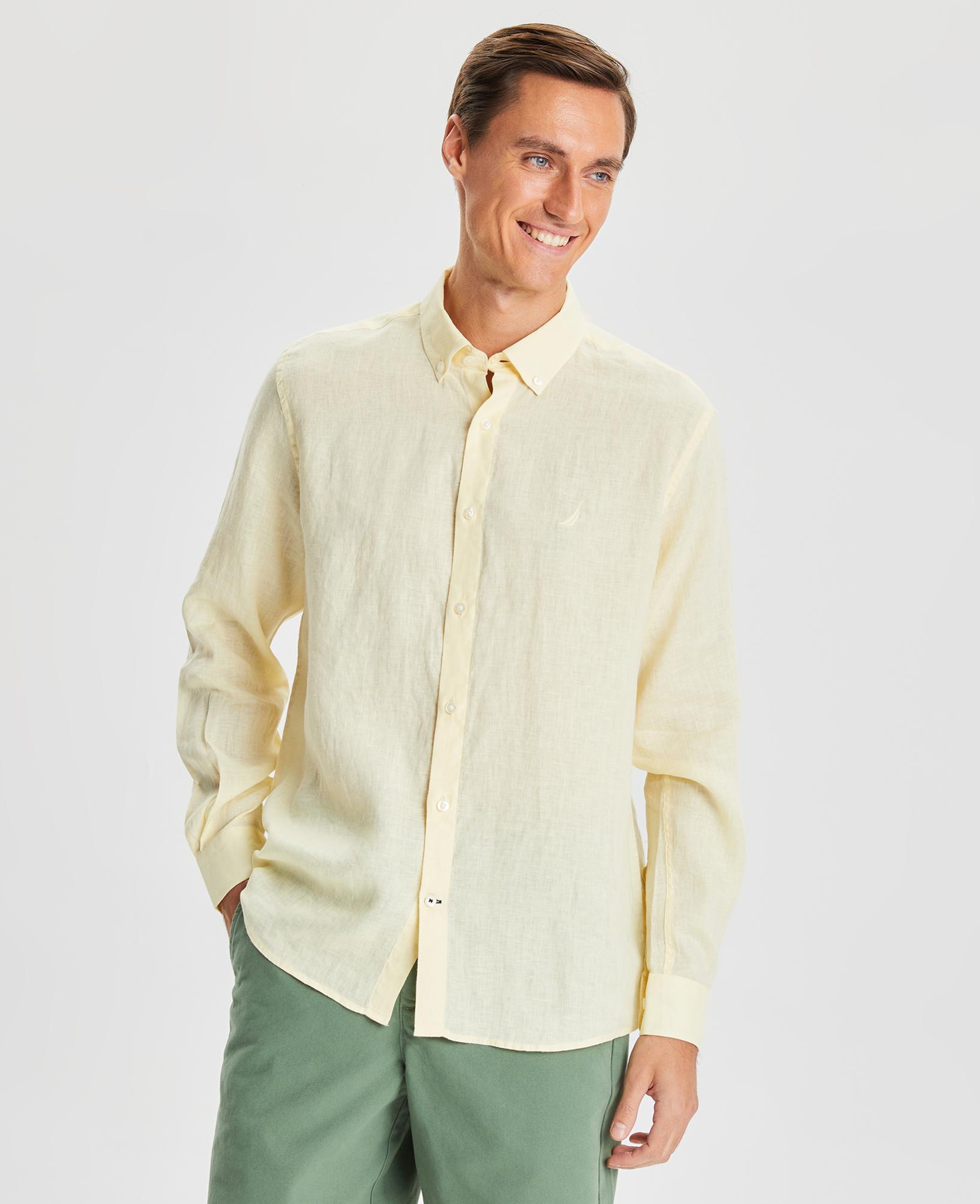 Nautica Erkek Sarı Classic Fit Uzun Kollu Keten Gömlek