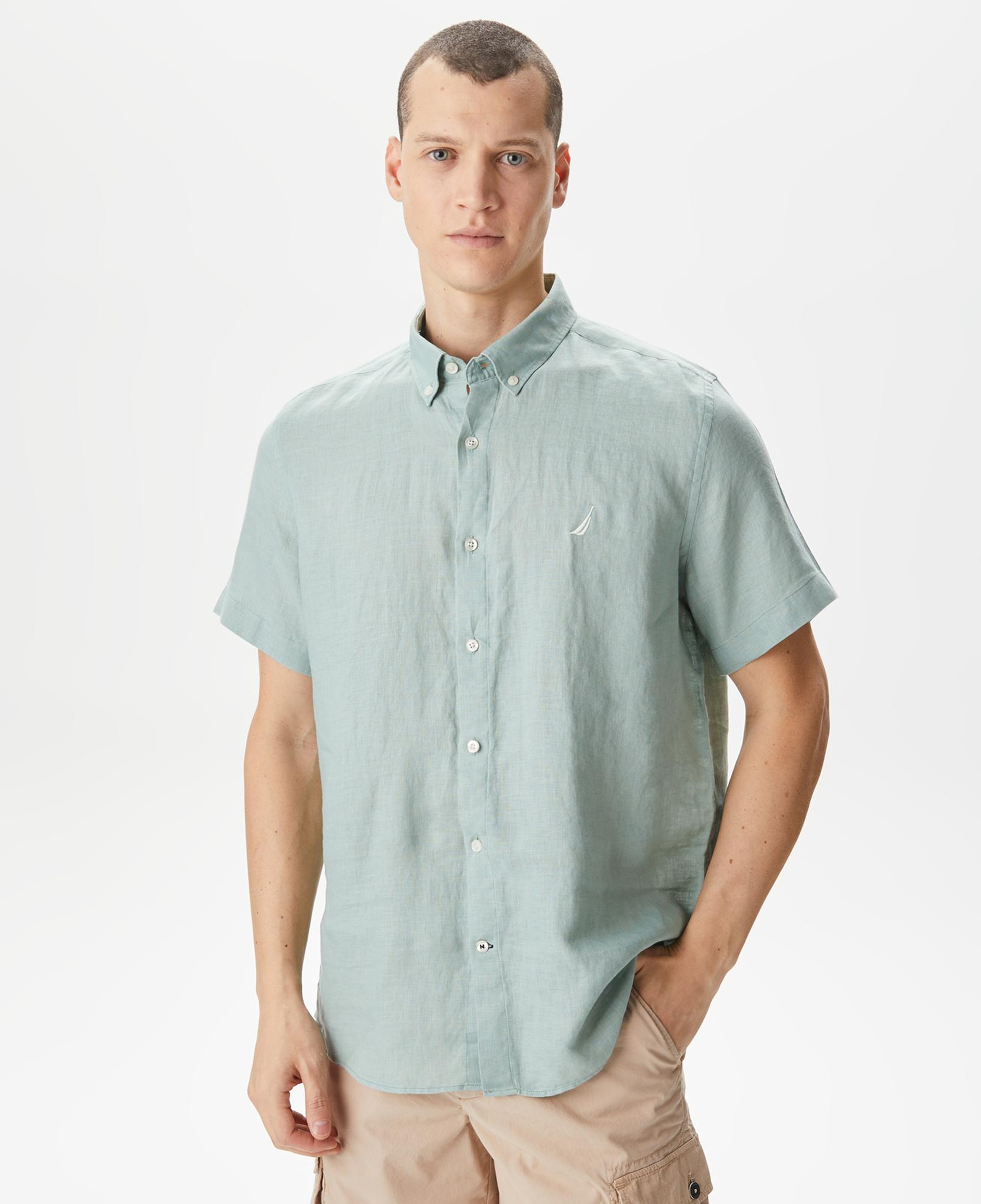 Nautica Erkek Yeşil Classic Fit Kısa Kollu Keten Gömlek