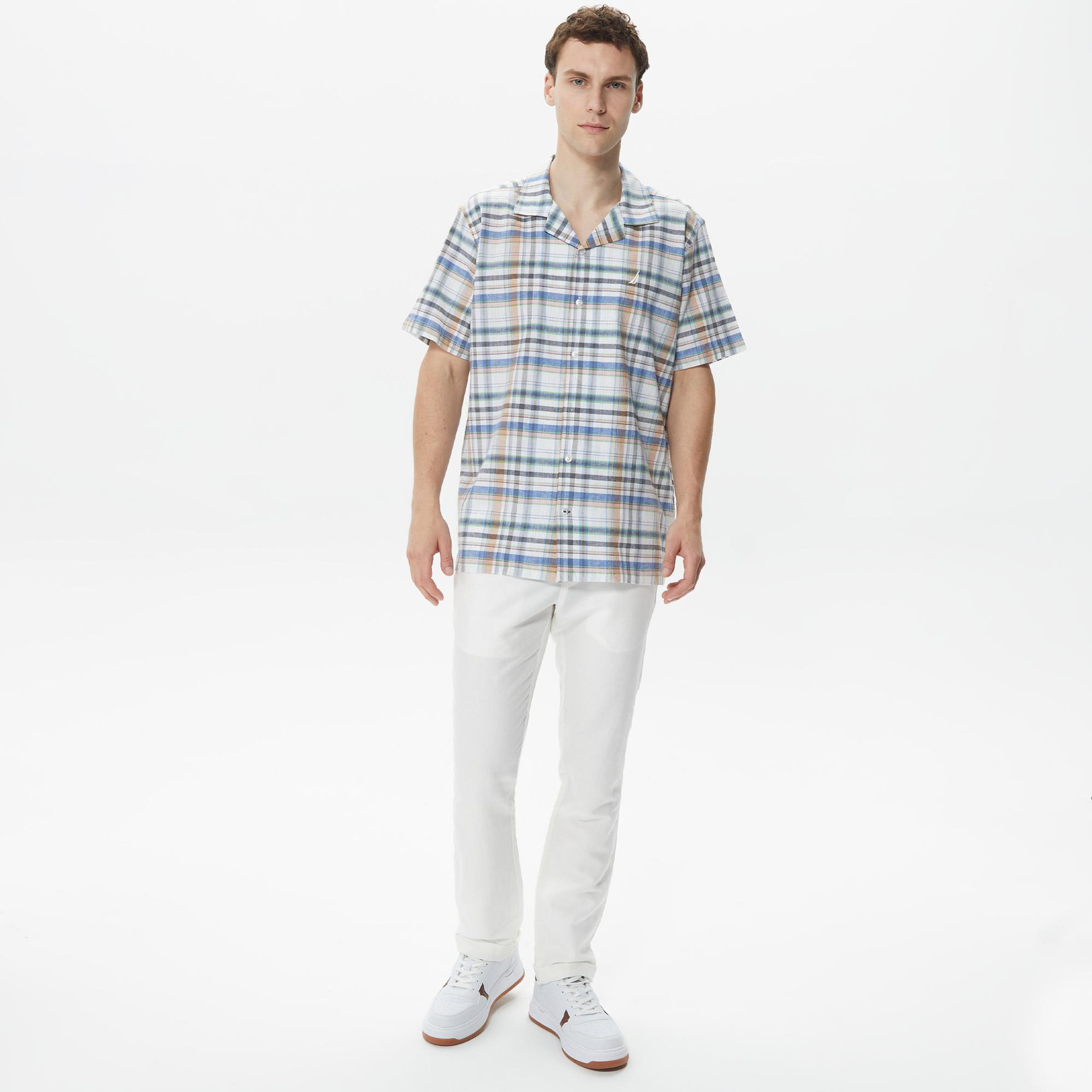 Nautica Erkek Krem Rengi Classic Fit Kısa Kollu Keten Gömlek