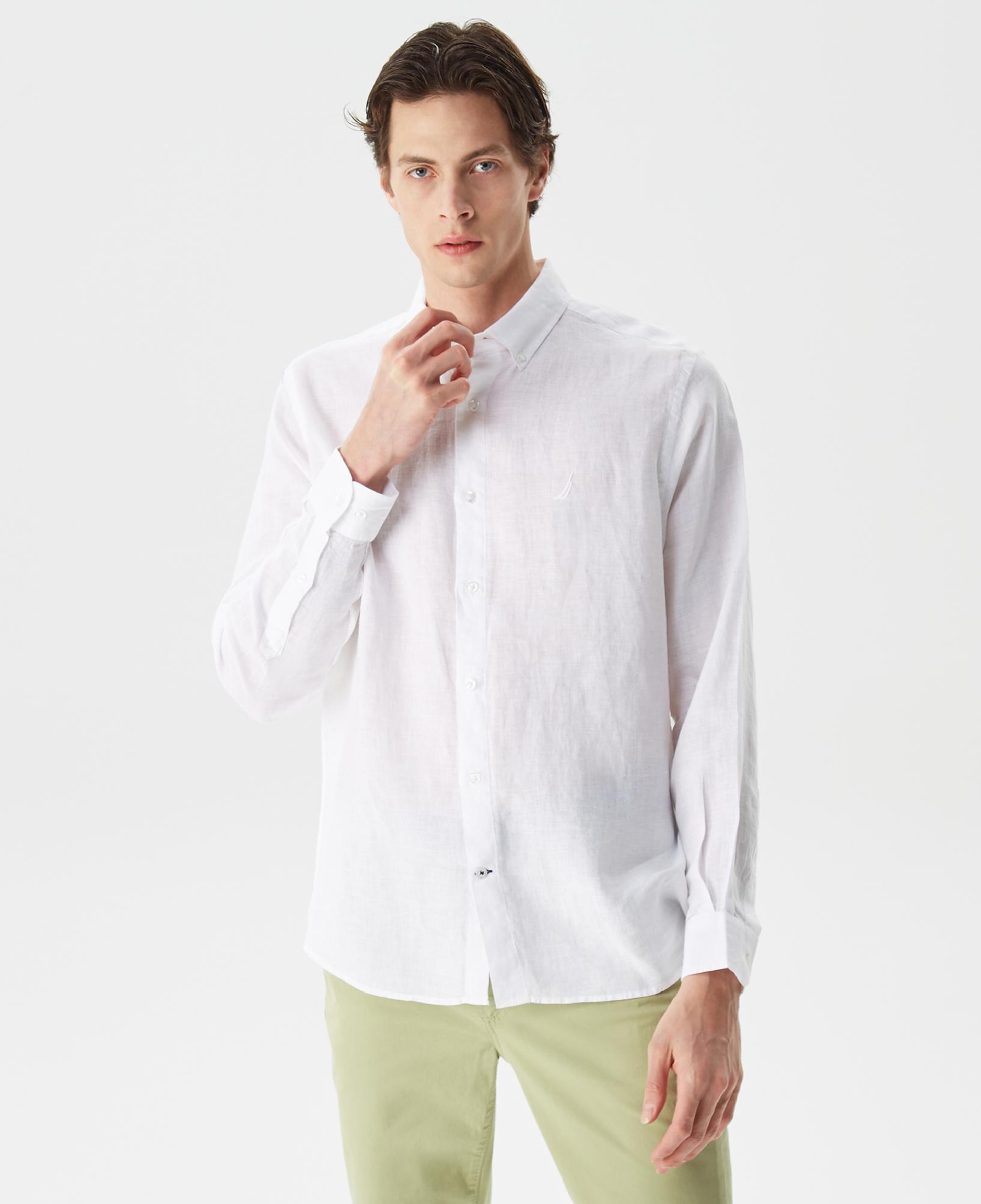 Nautica Erkek Beyaz Classic Fit Uzun Kollu Keten Gömlek