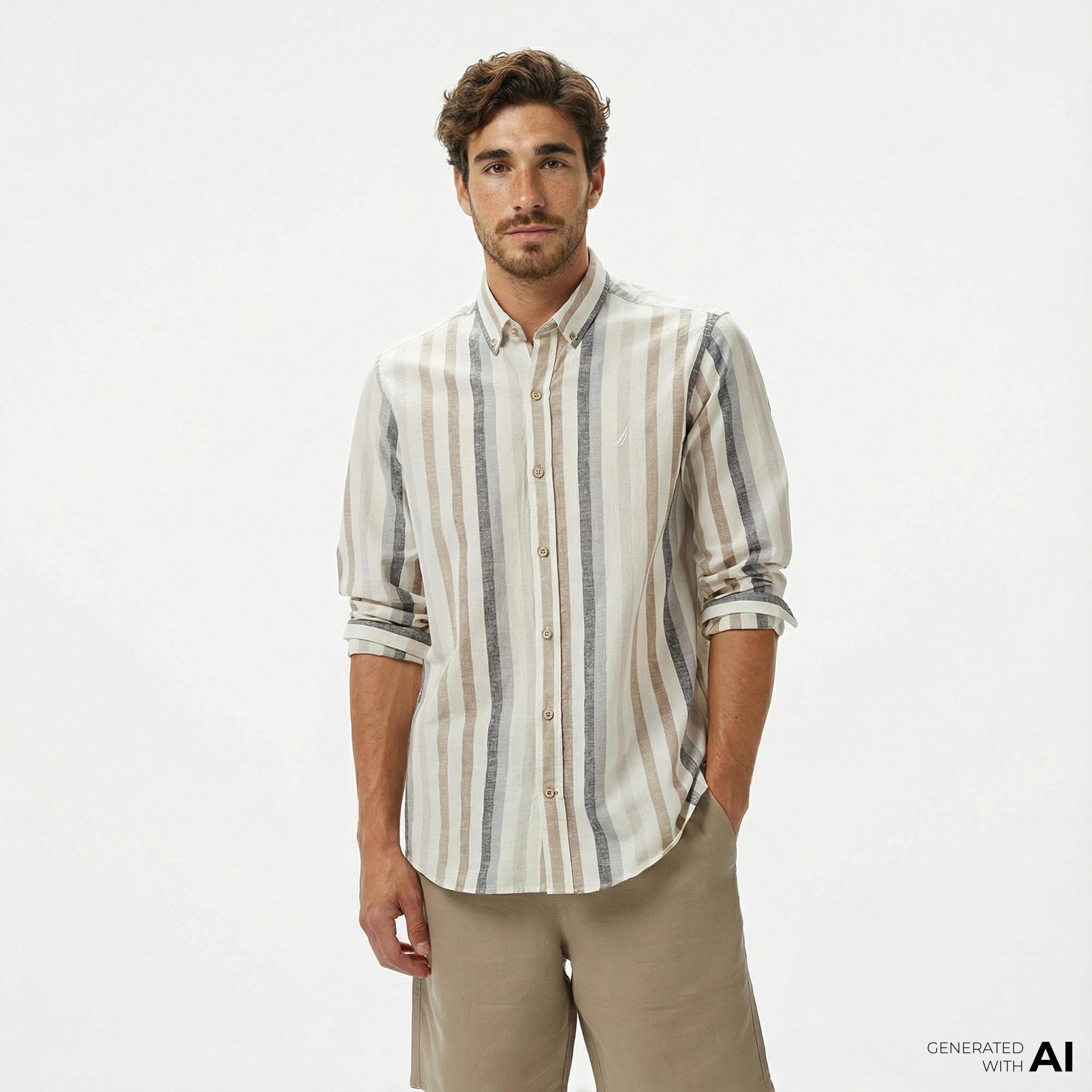 Nautica Erkek Kahverengi Classic Fit Çizgili Gömlek