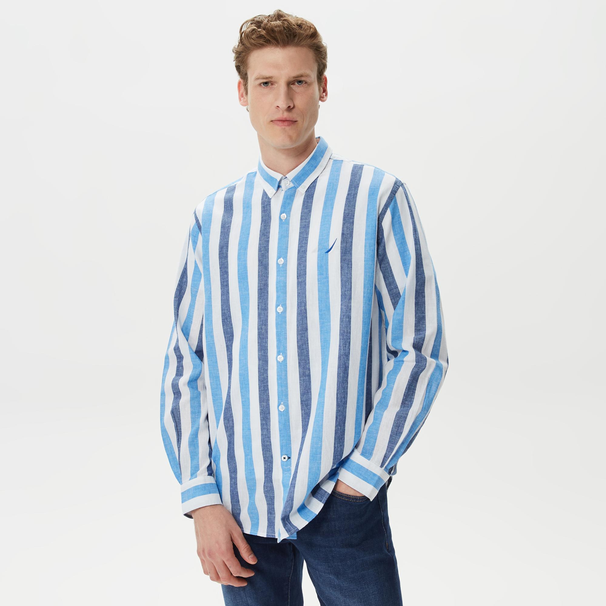 Nautica Erkek Mavi Çizgili Classic Fit Uzun Kollu Keten Gömlek