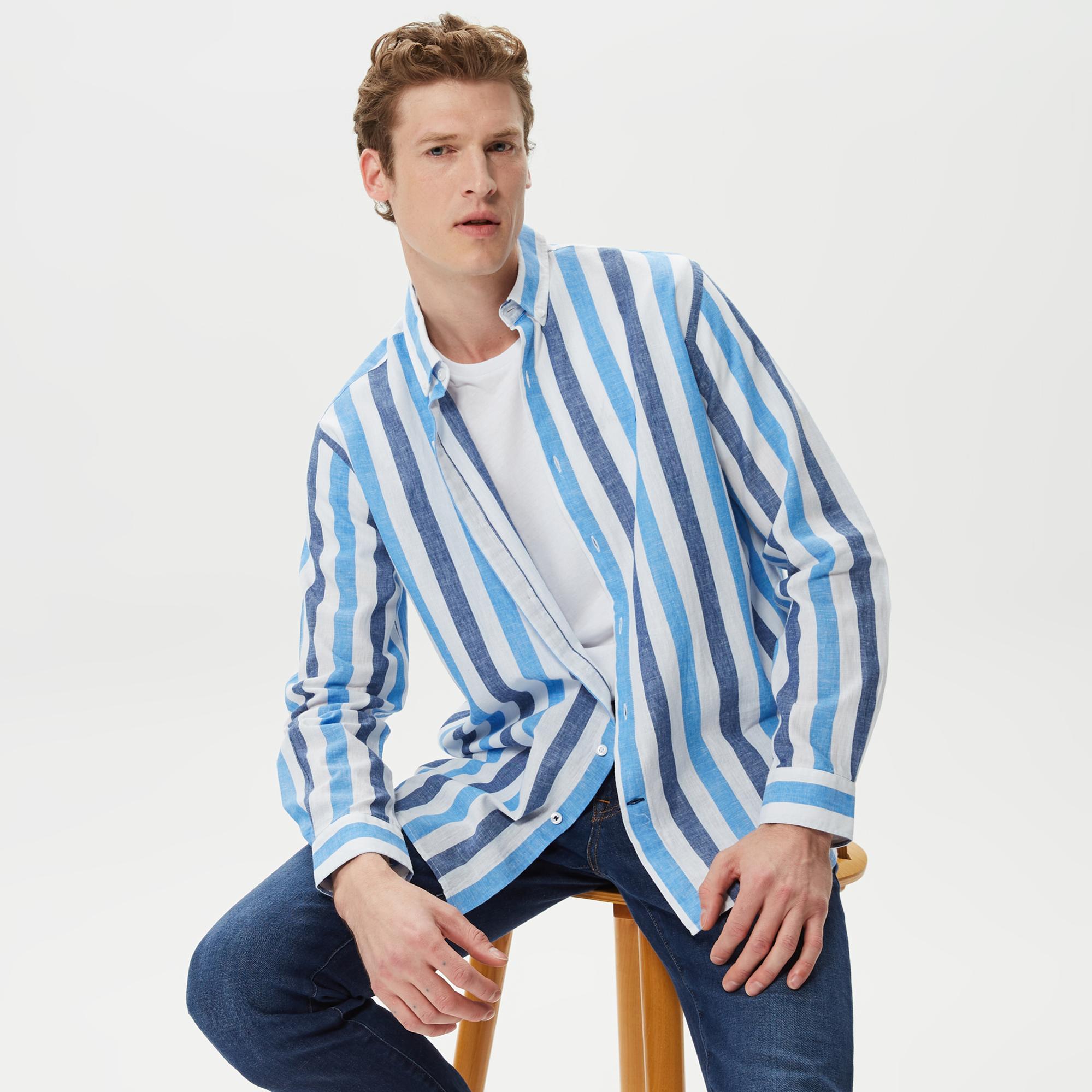 Nautica Erkek Mavi Çizgili Classic Fit Uzun Kollu Keten Gömlek