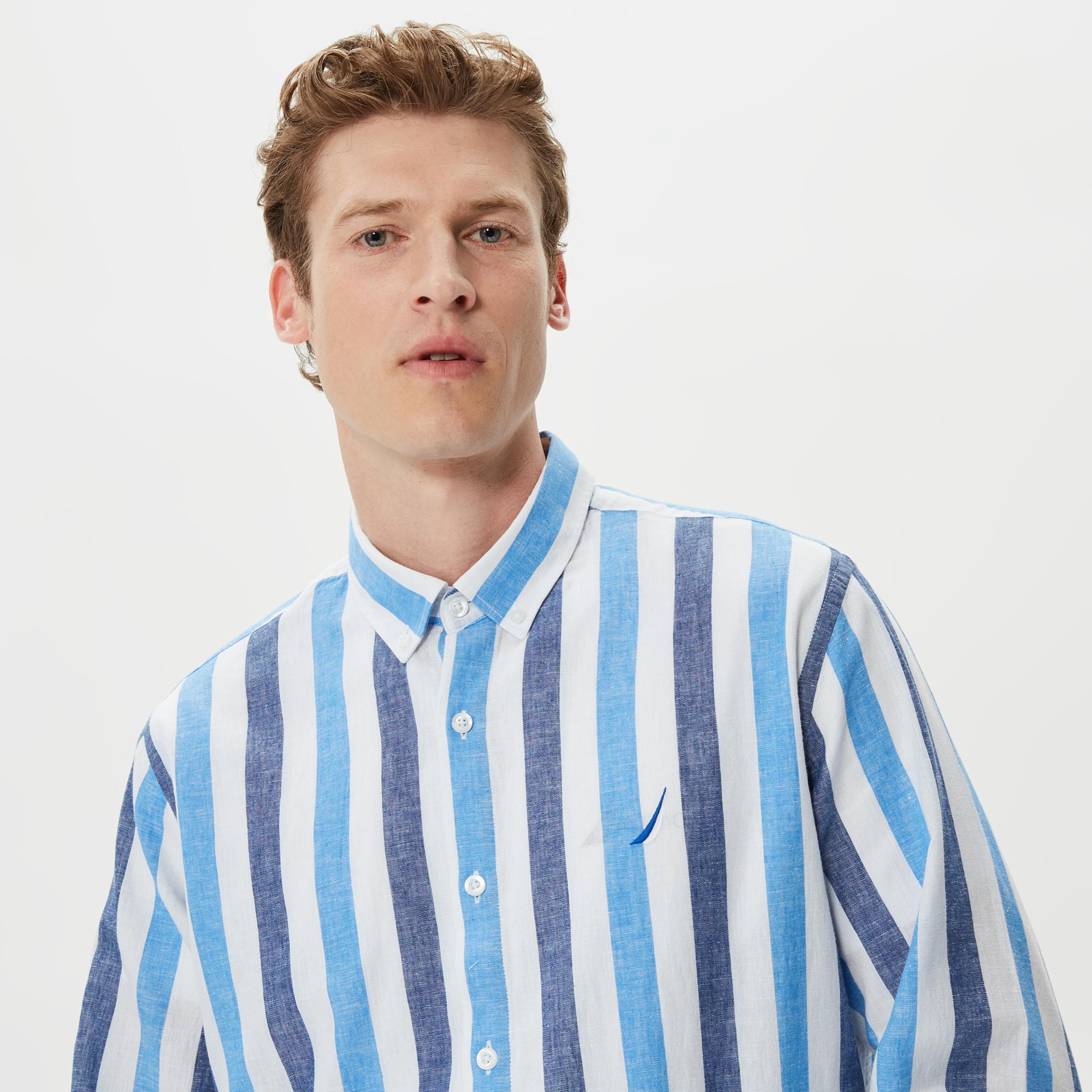 Nautica Erkek Mavi Çizgili Classic Fit Uzun Kollu Keten Gömlek
