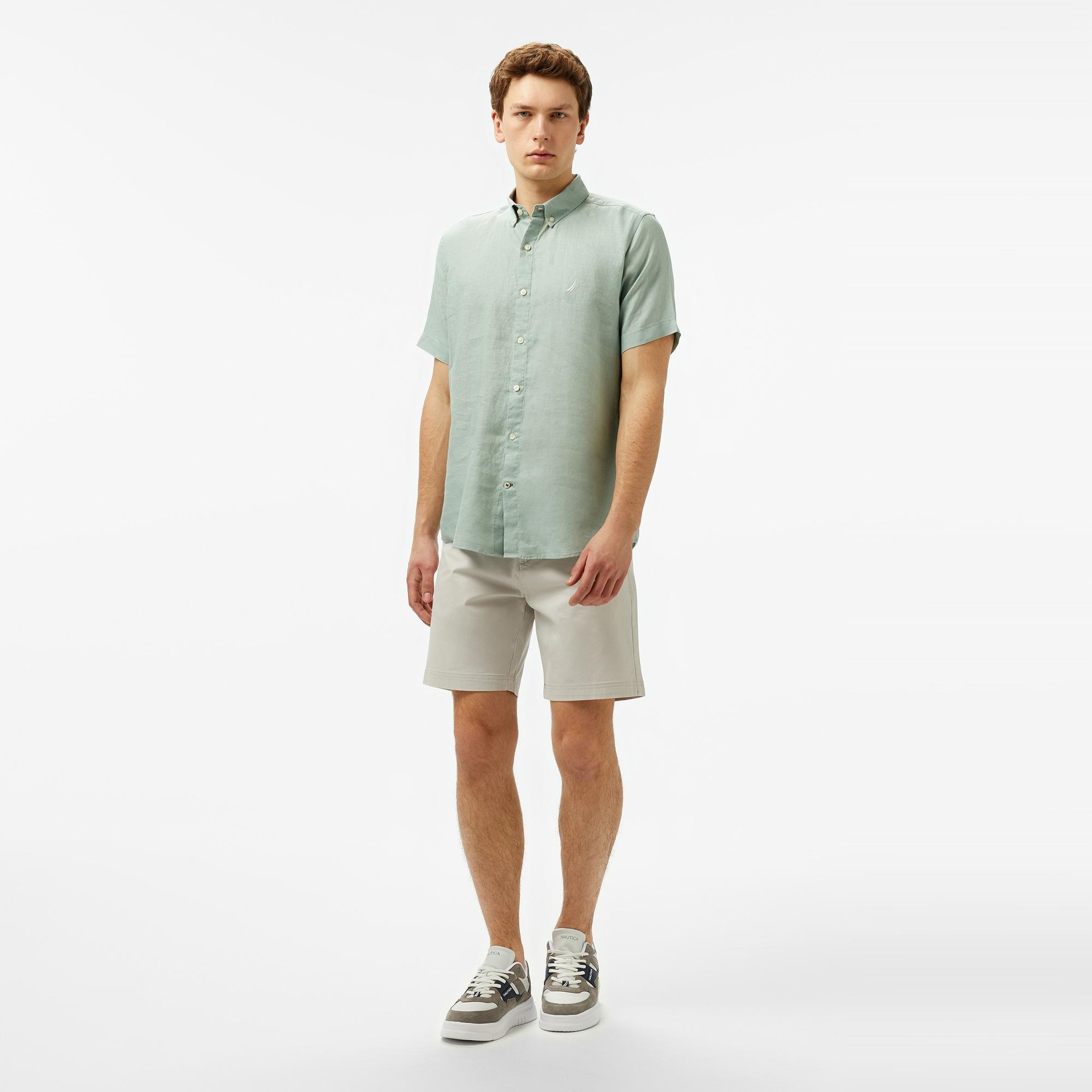 Nautica Erkek Haki Classic Fit Keten Gömlek