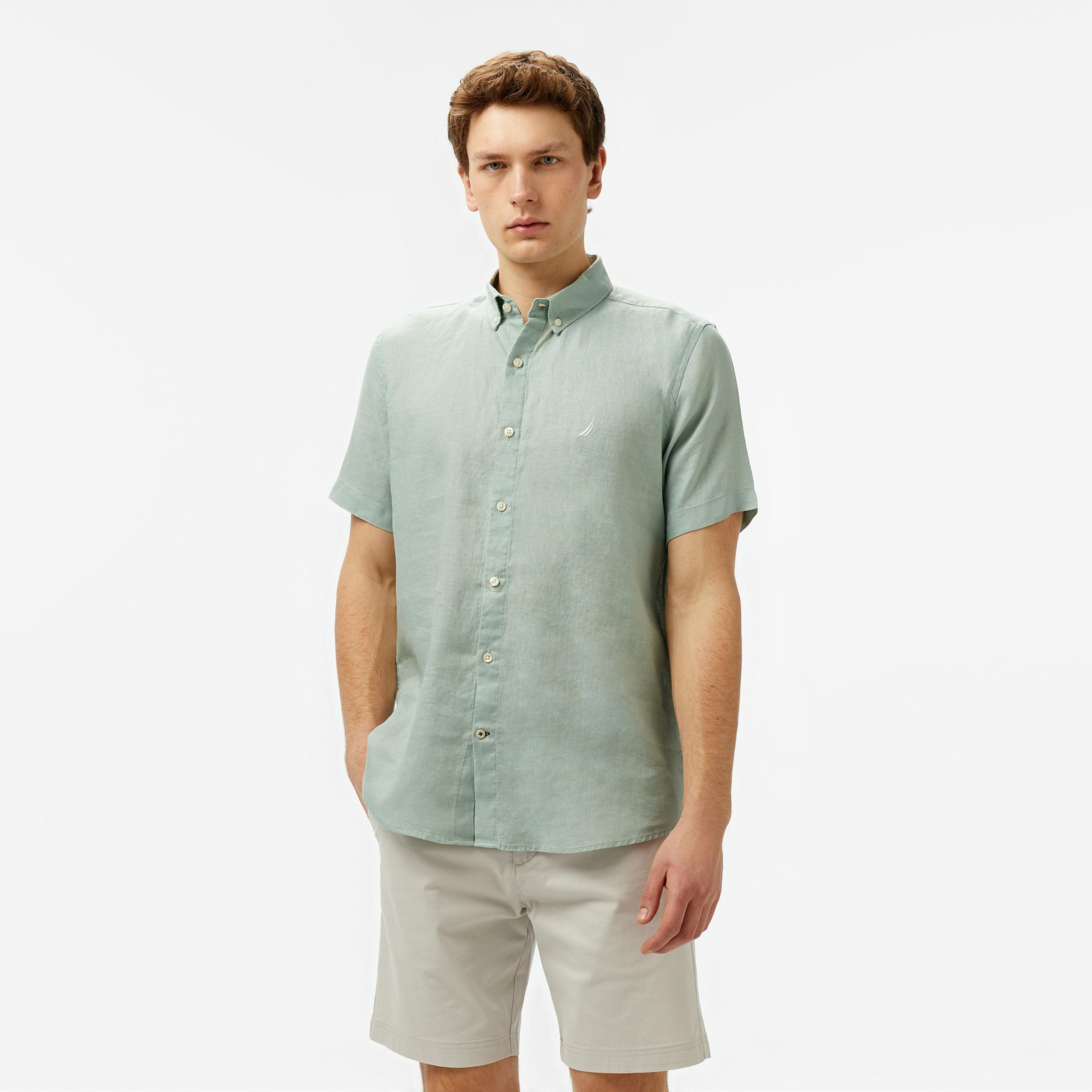 Nautica Erkek Haki Classic Fit Keten Gömlek