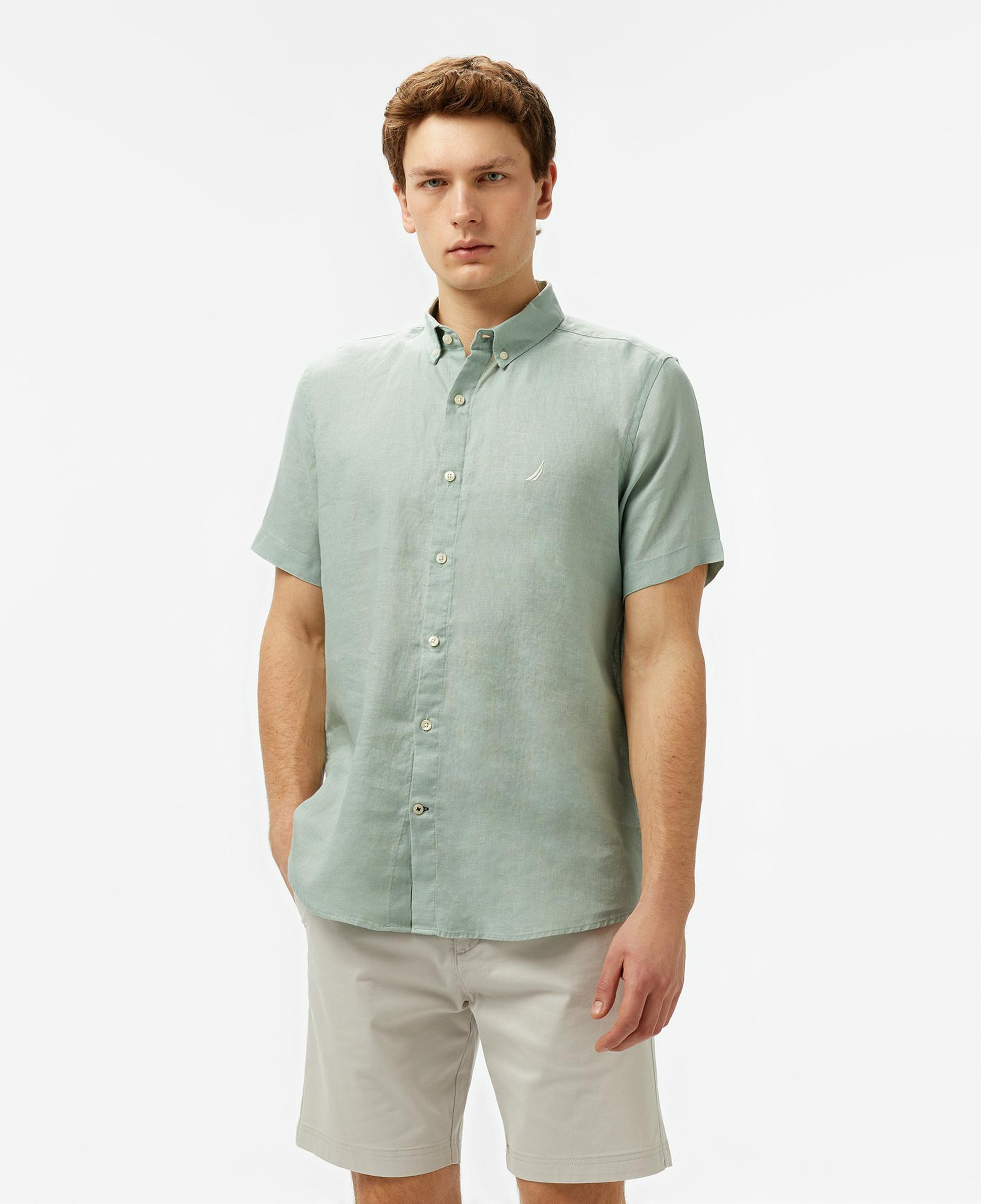 Nautica Erkek Haki Classic Fit Keten Gömlek