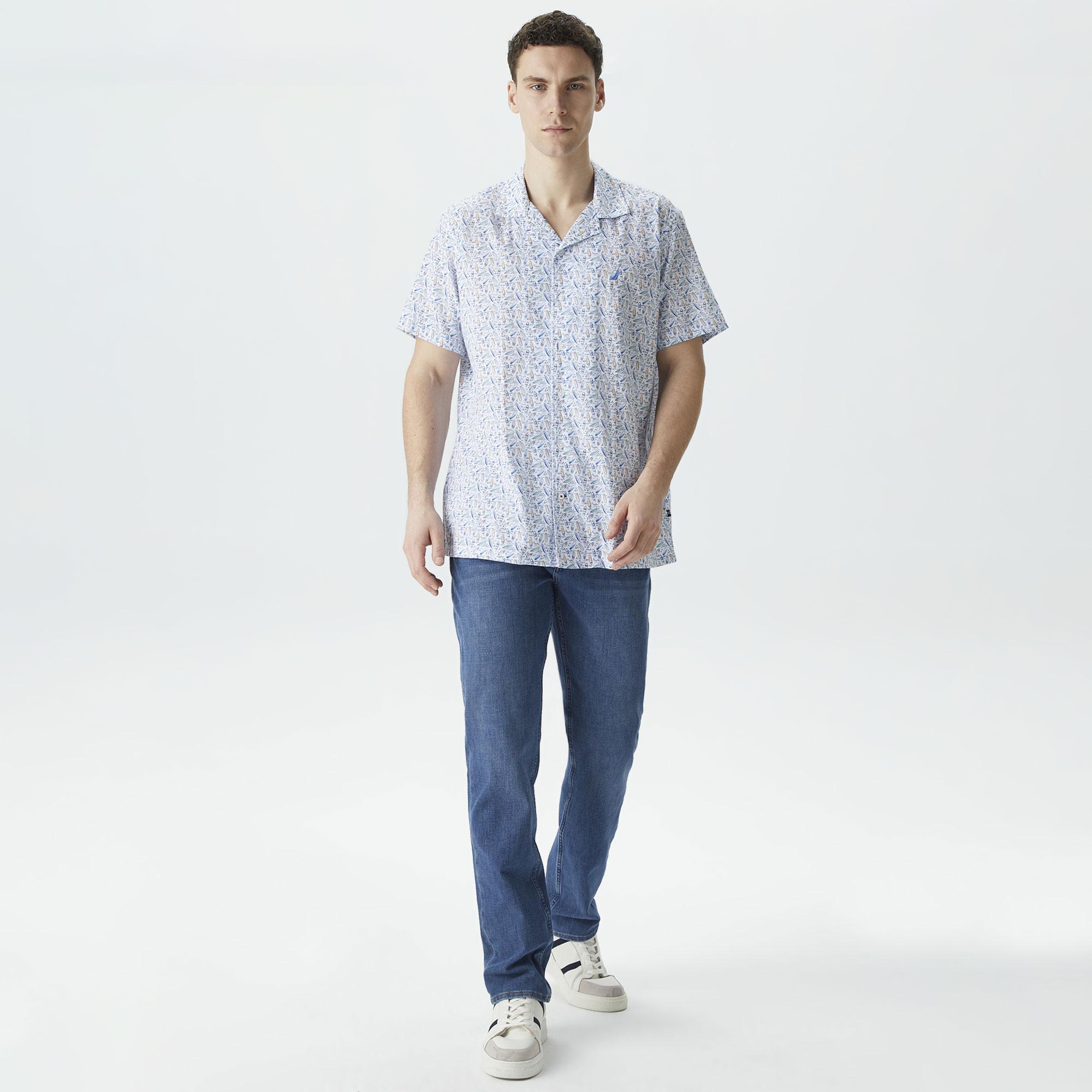 Nautica Erkek Beyaz Classic Fit Kısa Kollu Desenli Gömlek