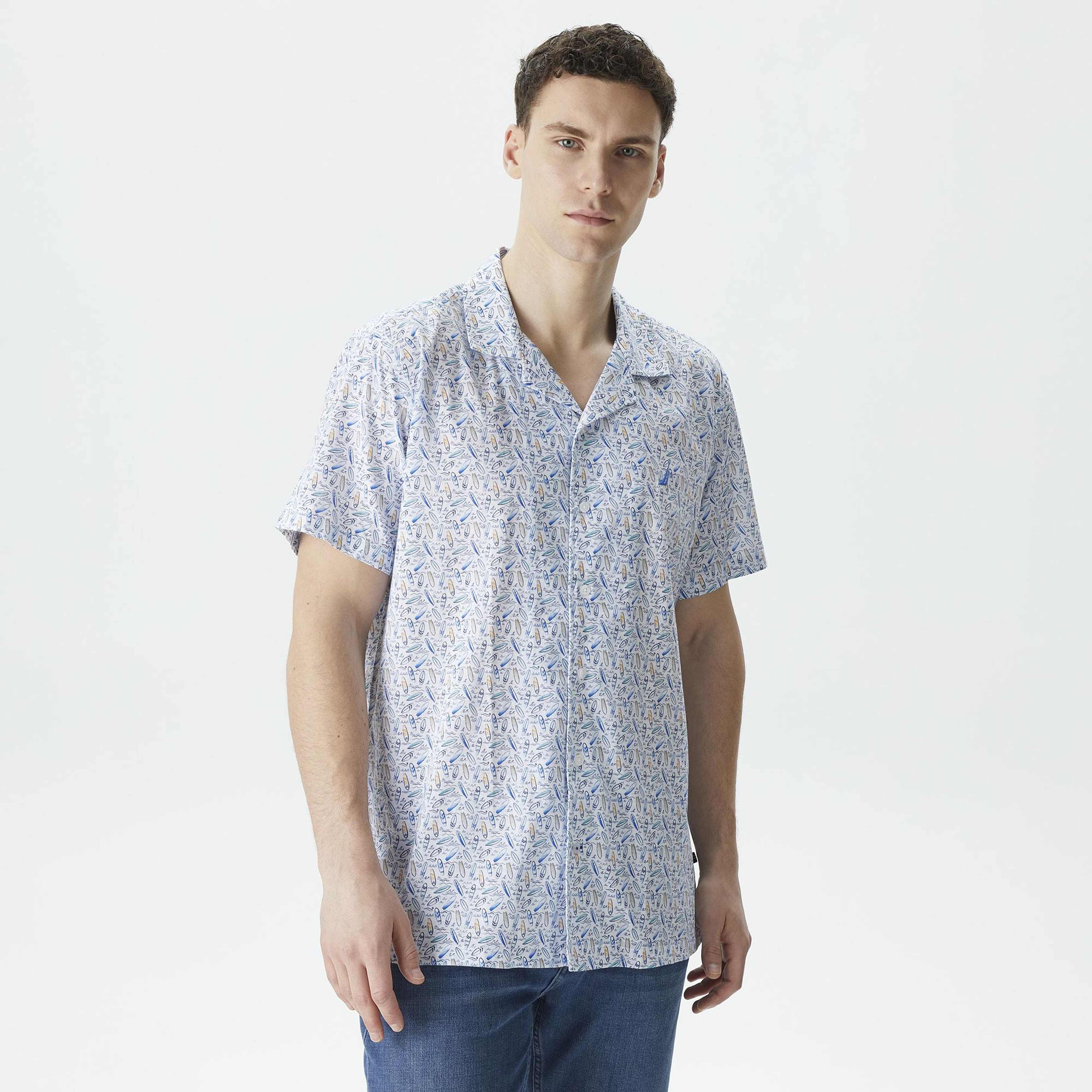 Nautica Erkek Beyaz Classic Fit Kısa Kollu Desenli Gömlek