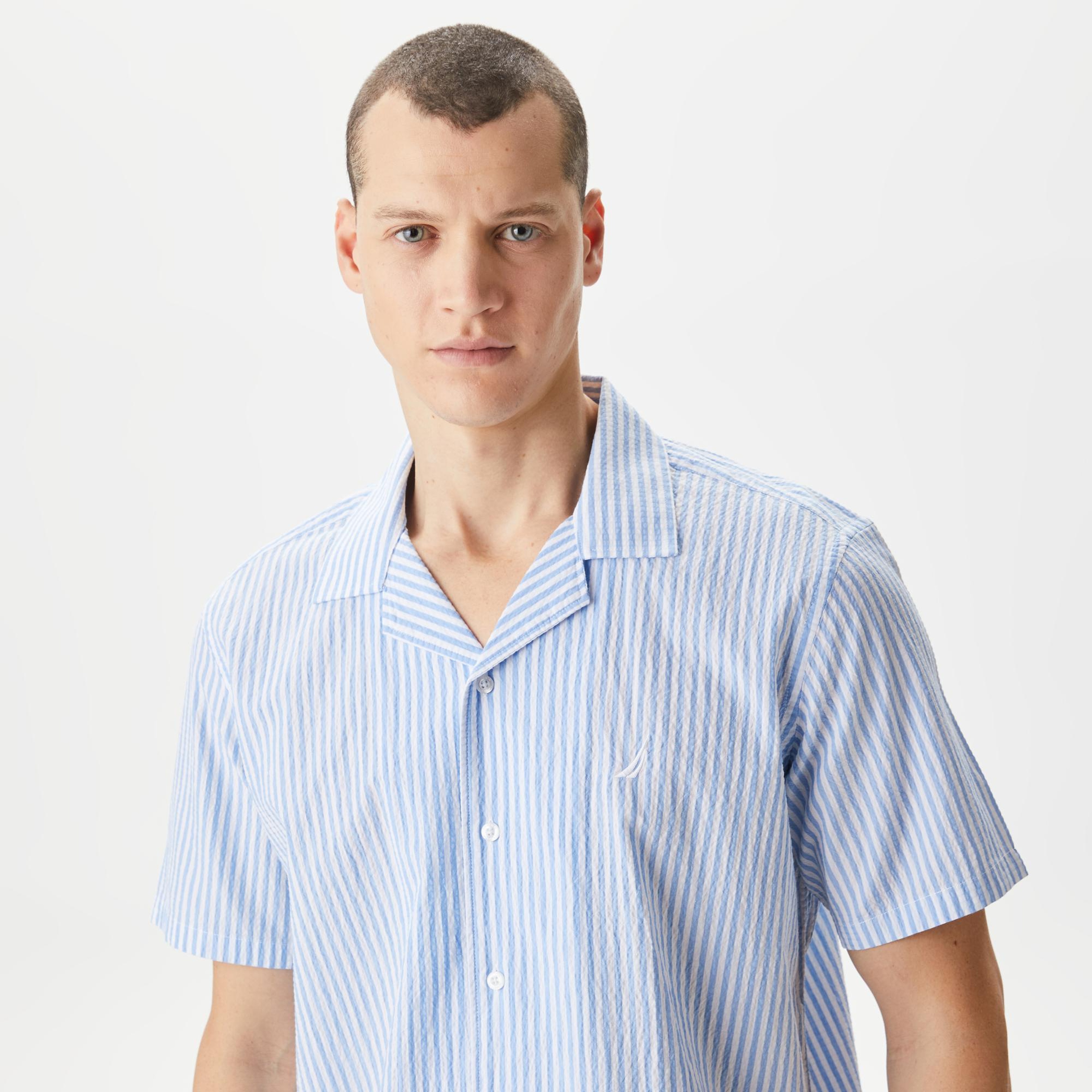 Nautica Erkek Mavi Classic Fit Kısa Kollu Çizgili Gömlek