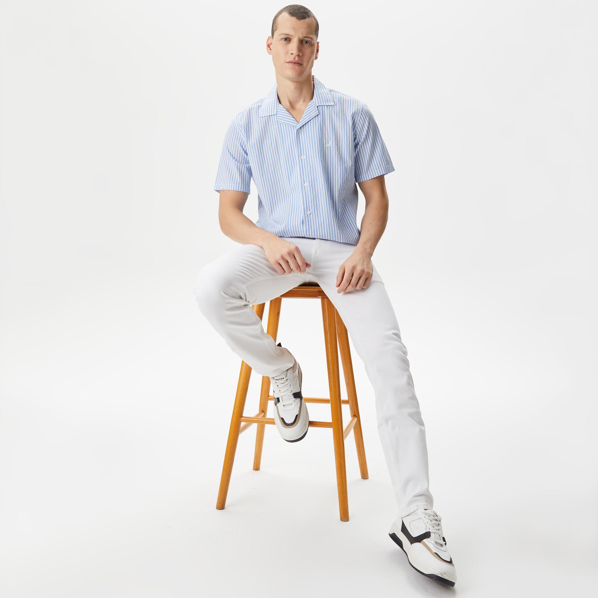 Nautica Erkek Mavi Classic Fit Kısa Kollu Çizgili Gömlek