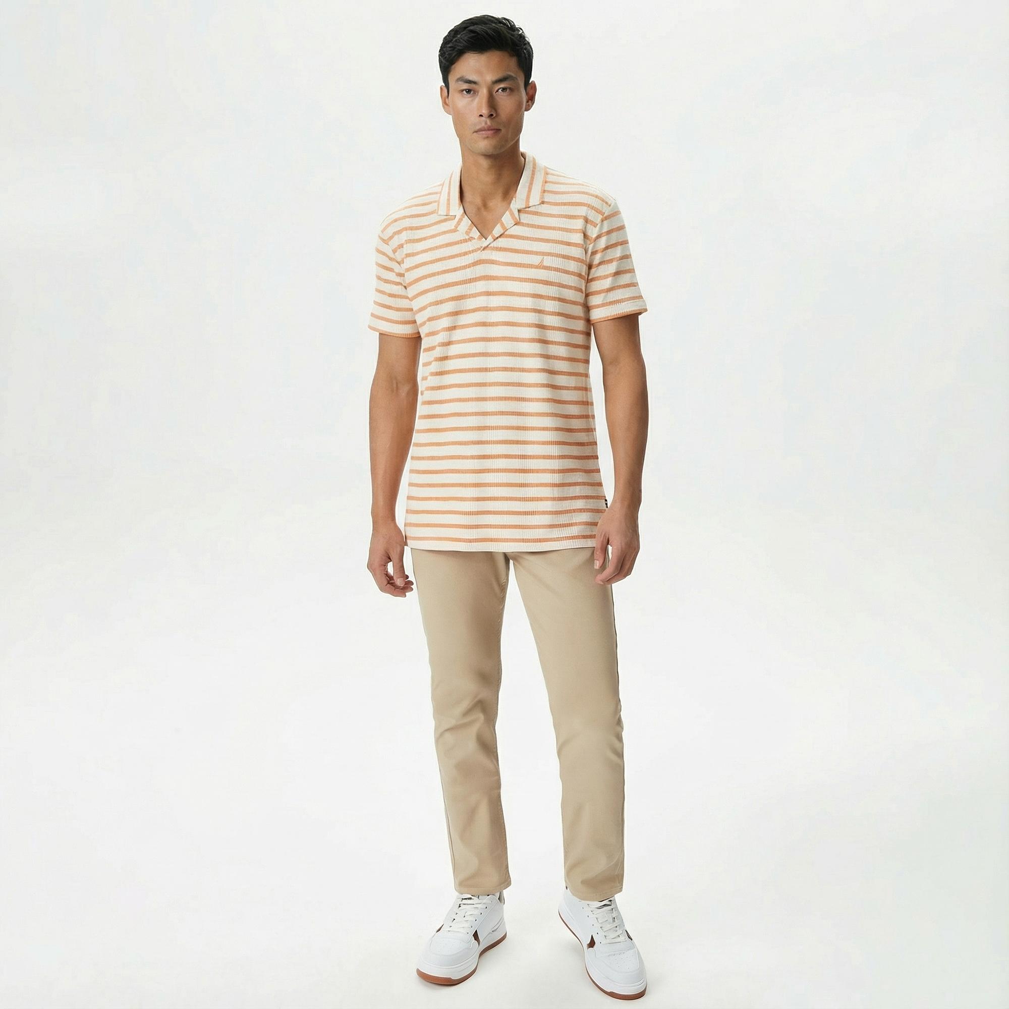 Nautica Erkek Turuncu Classic Fit Kısa Kollu Çizgili Polo Yaka T-Shirt