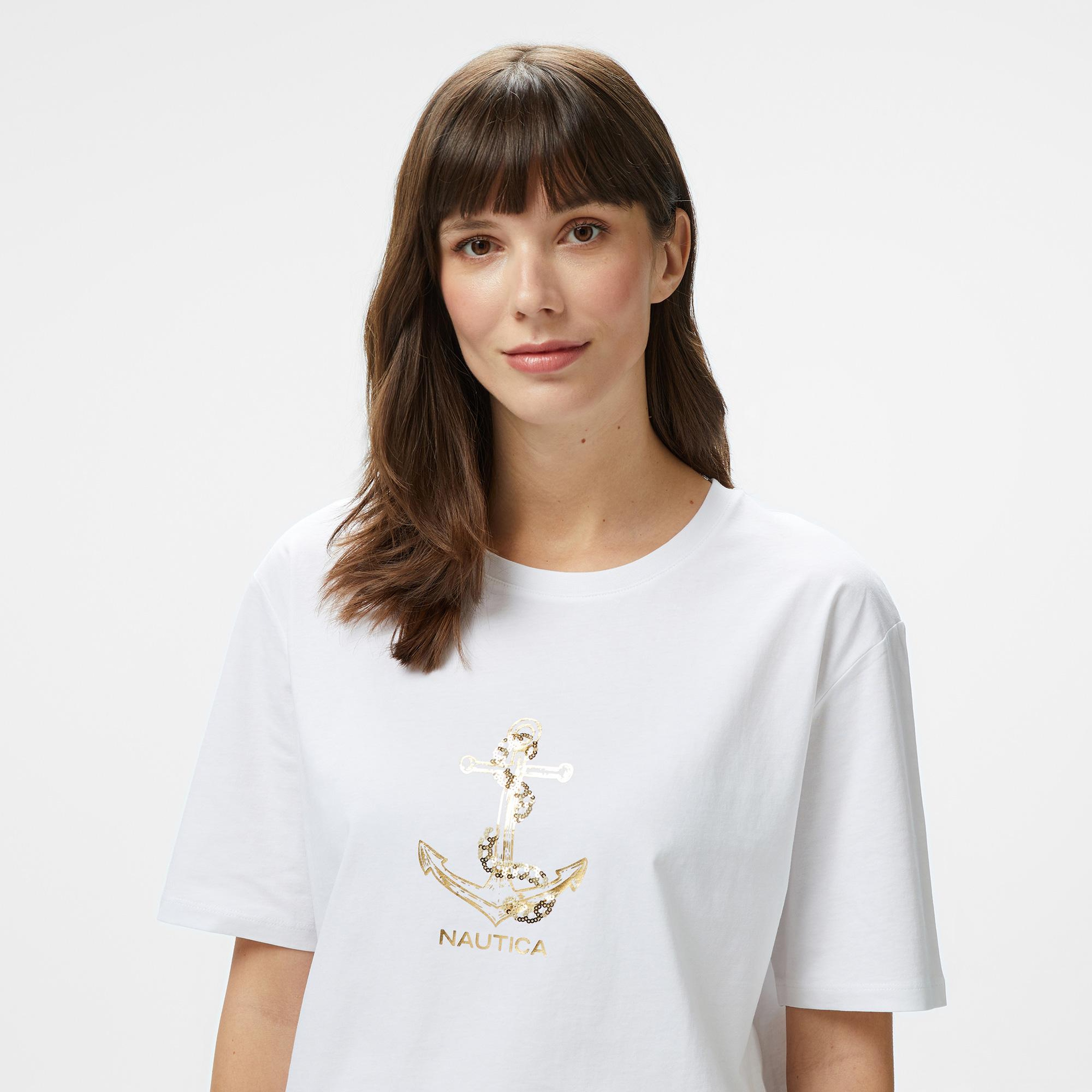 Nautica Kadın Beyaz Regular Fit Nakışlı T-Shirt