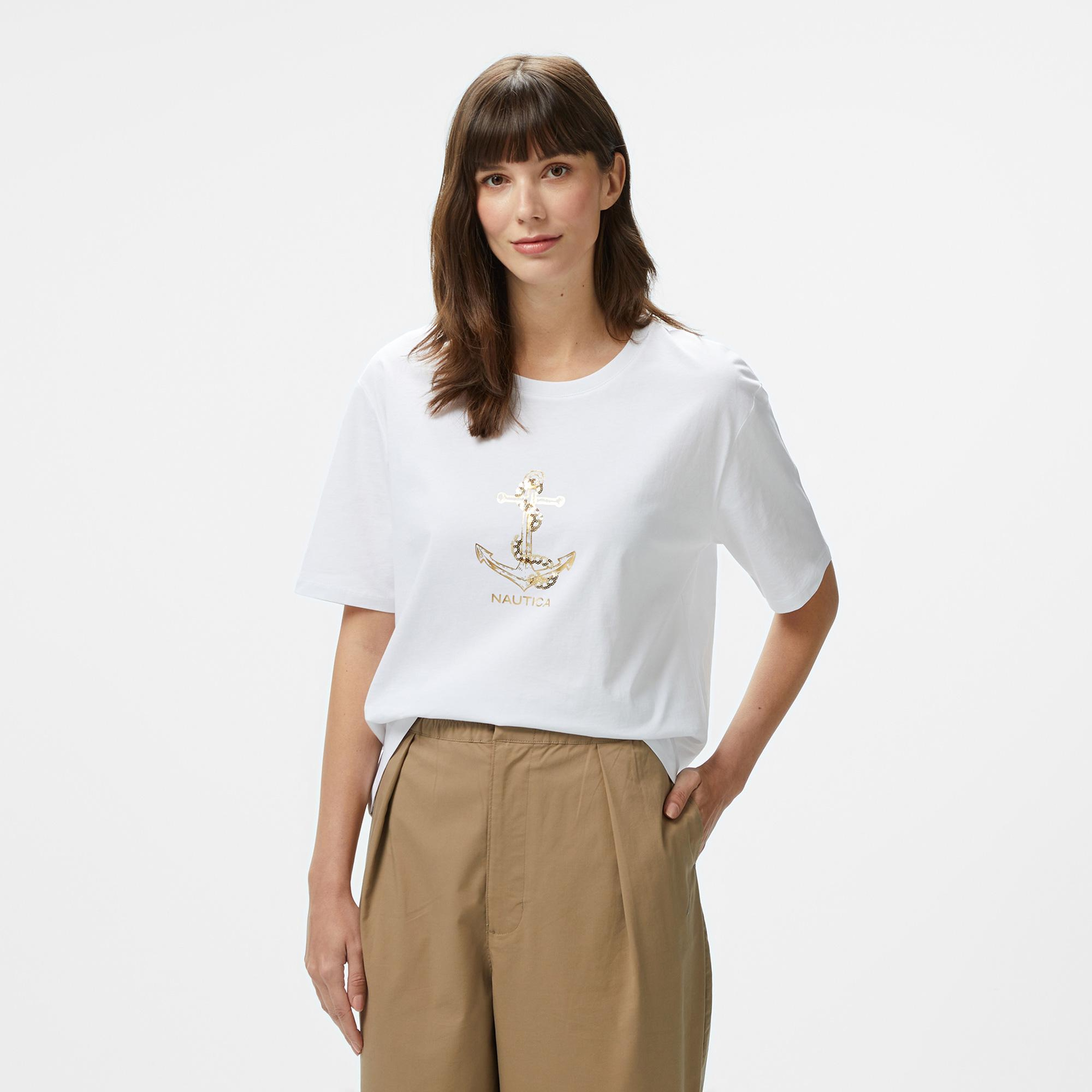 Nautica Kadın Beyaz Regular Fit Nakışlı T-Shirt