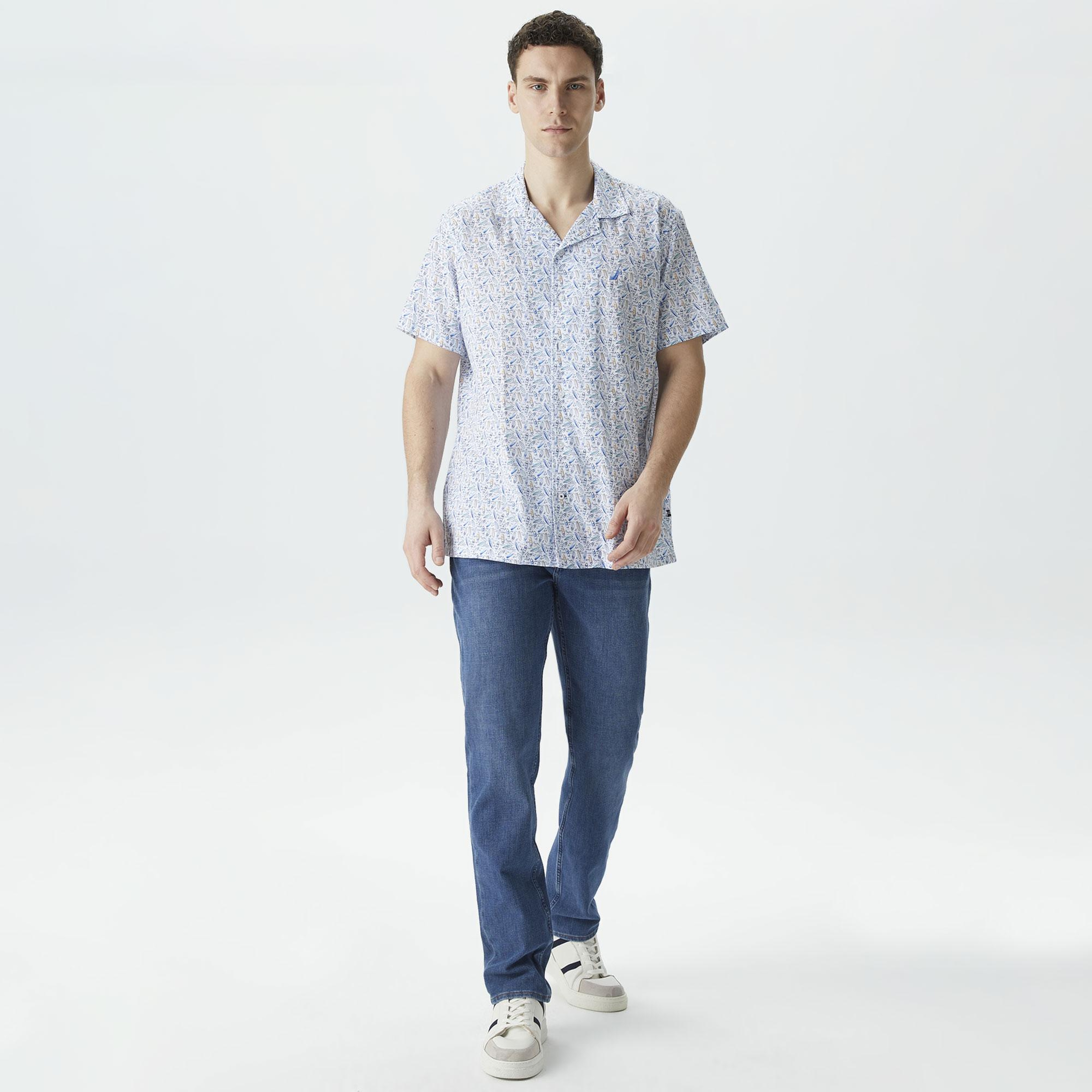 Nautica Erkek Beyaz Classic Fit Kısa Kollu Desenli Gömlek