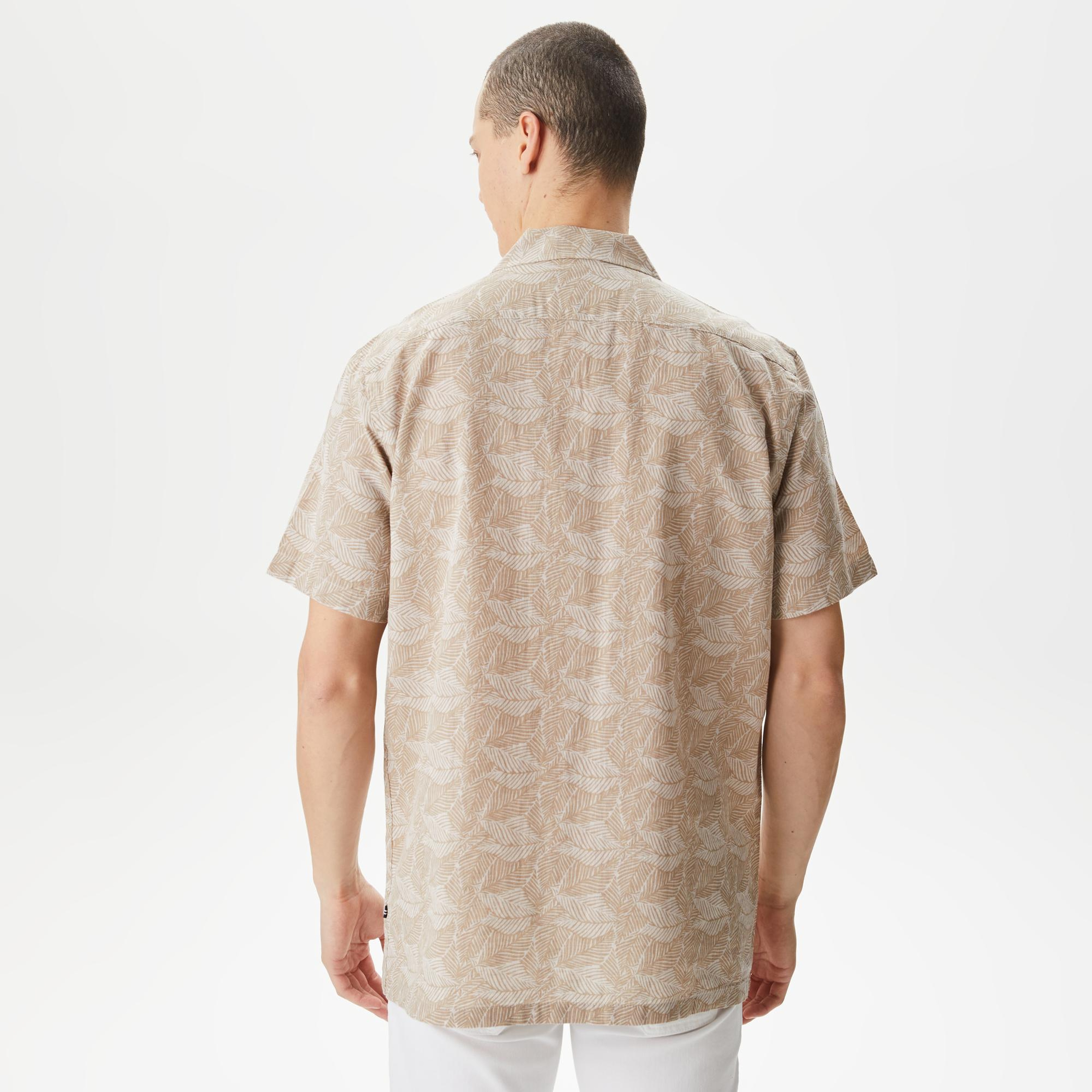 Nautica Erkek Bej Classic Fit Kısa Kollu Desenli Keten Gömlek