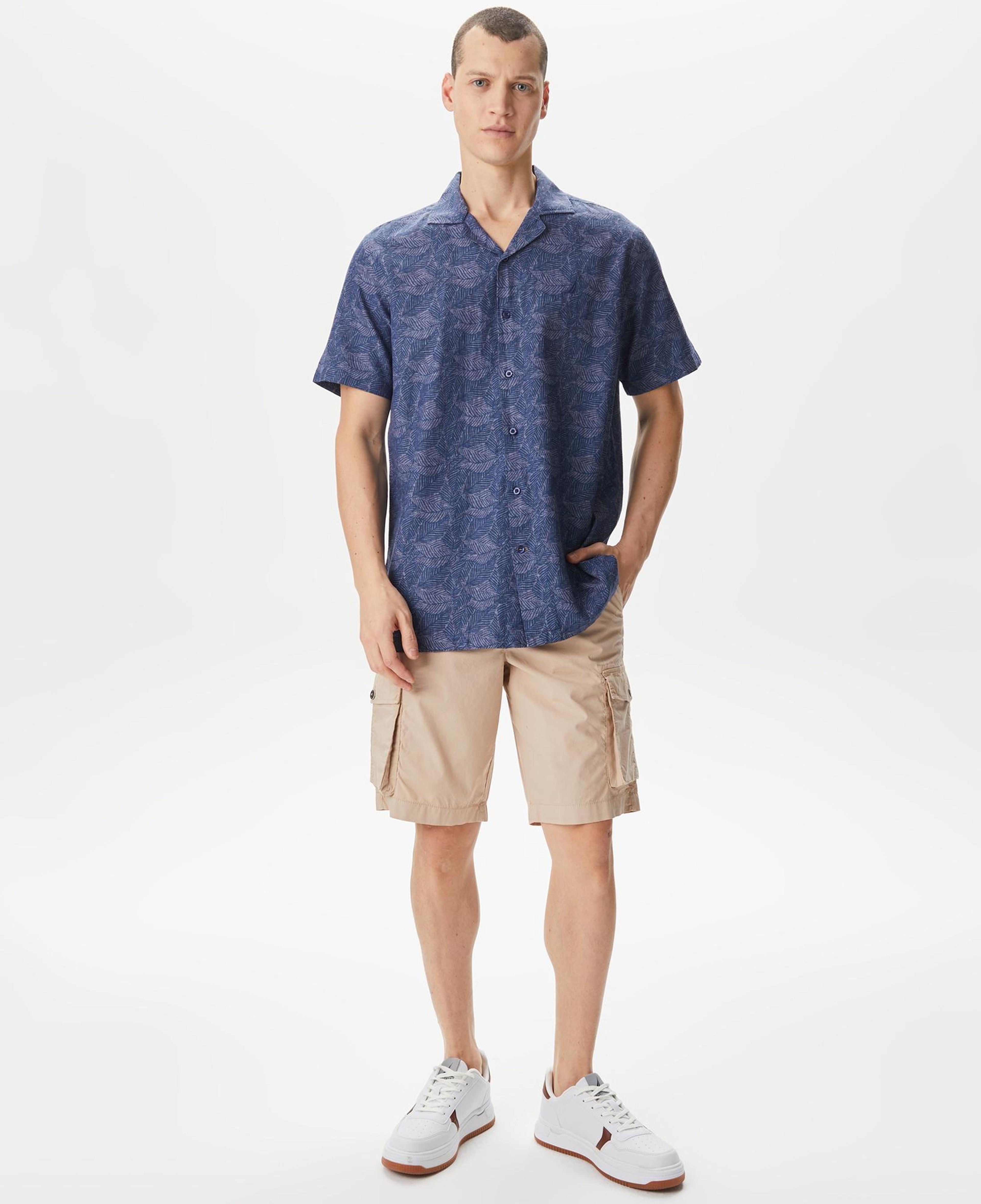 Nautica Erkek Lacivert Classic Fit Kısa Kollu Desenli Keten Gömlek