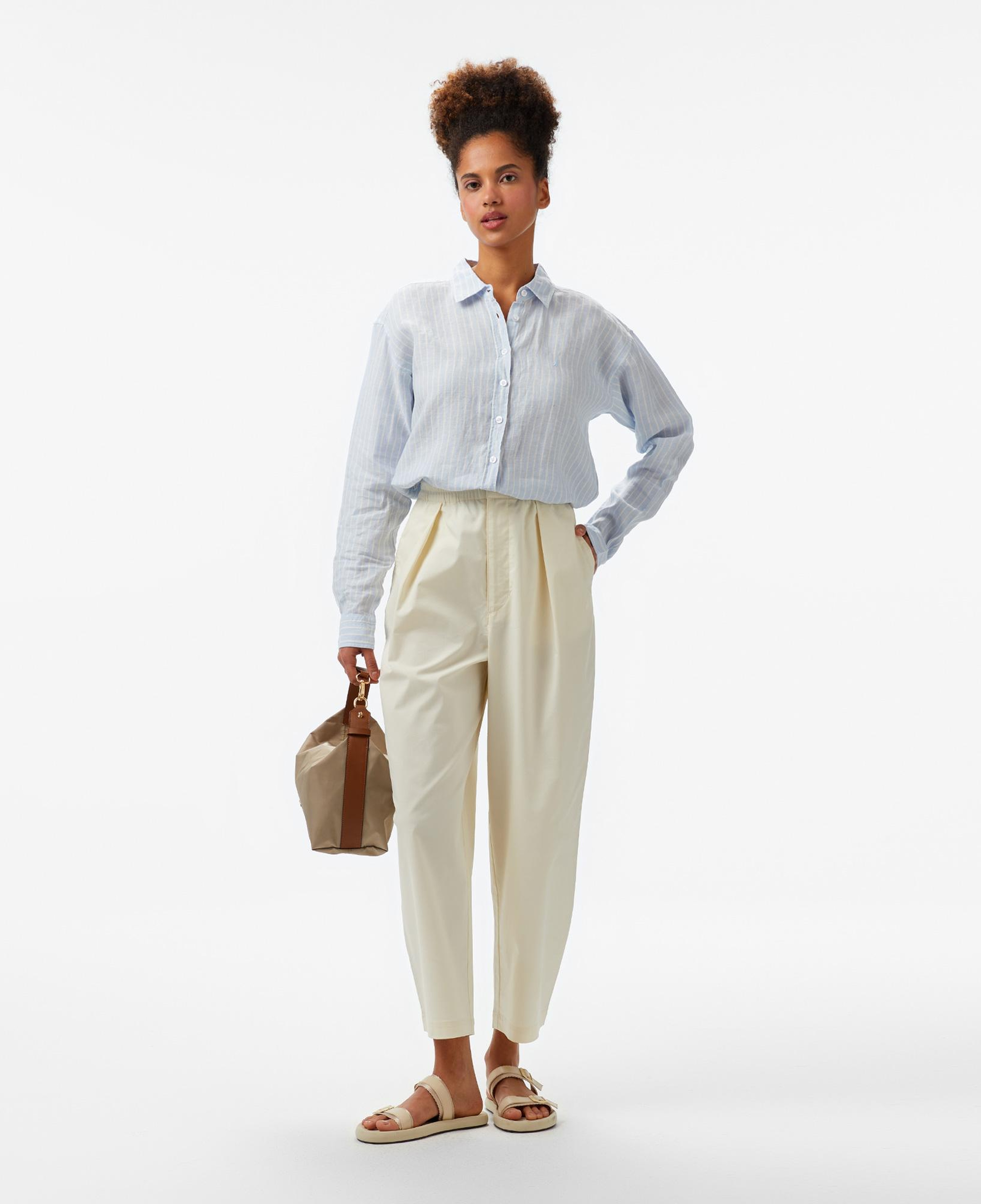 Nautica Kadın Mavi Regular Fit Keten Çizgili Gömlek