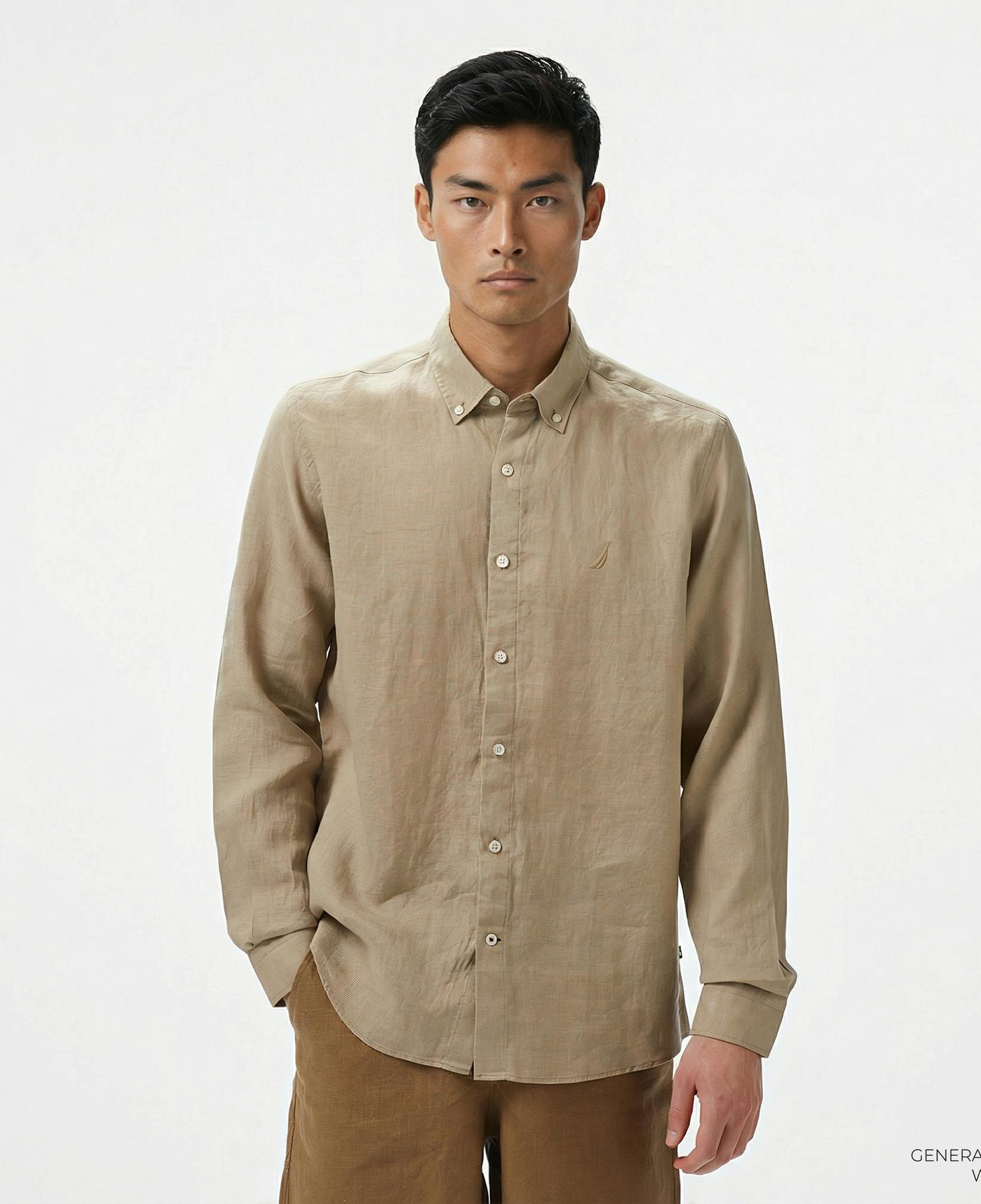 Nautica Erkek Bej Classic Fit Keten Gömlek