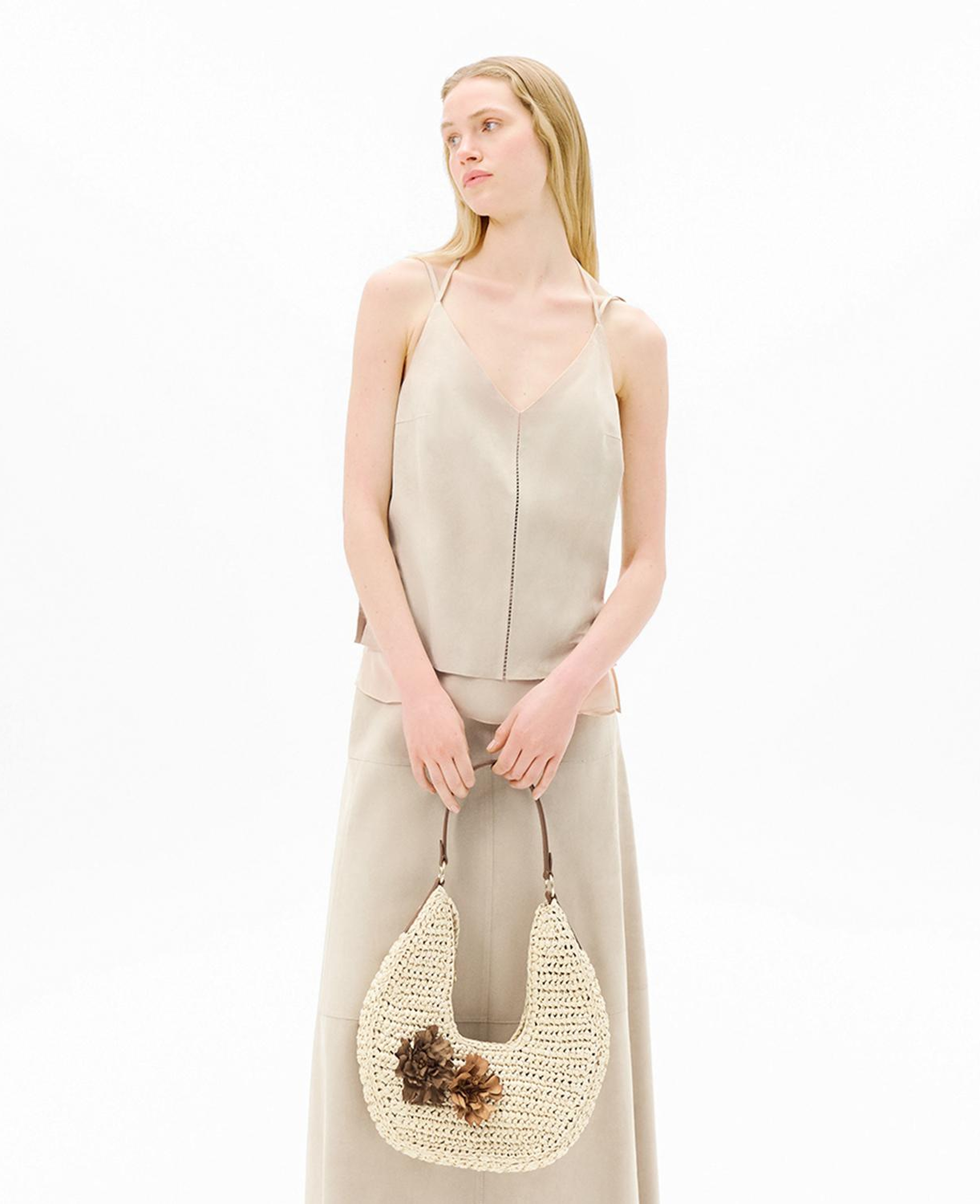 Kadın Pudra Askılı V Yaka Süet Bluz