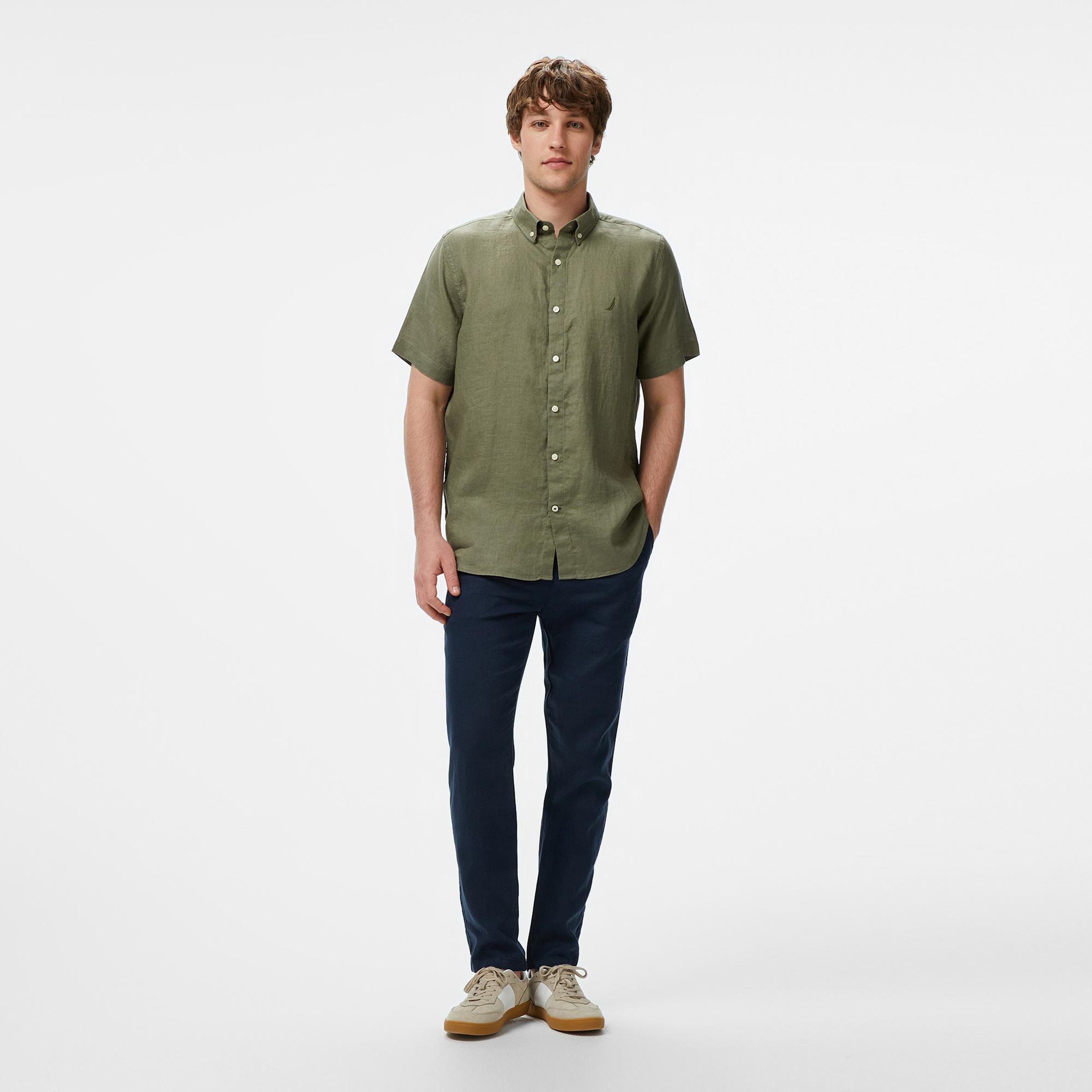 Nautica Erkek Haki Classic Fit Keten Gömlek