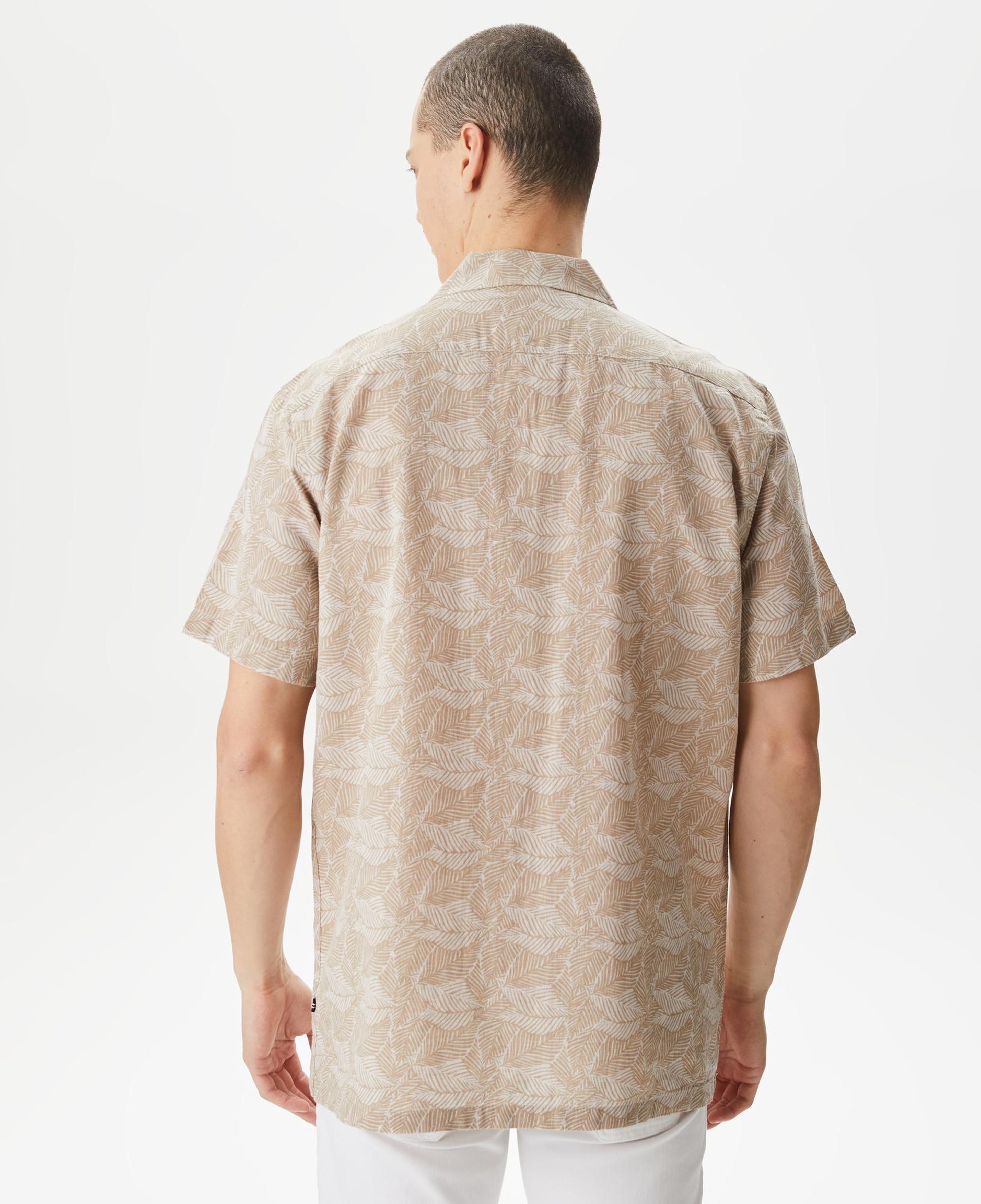 Nautica Erkek Bej Classic Fit Kısa Kollu Desenli Keten Gömlek
