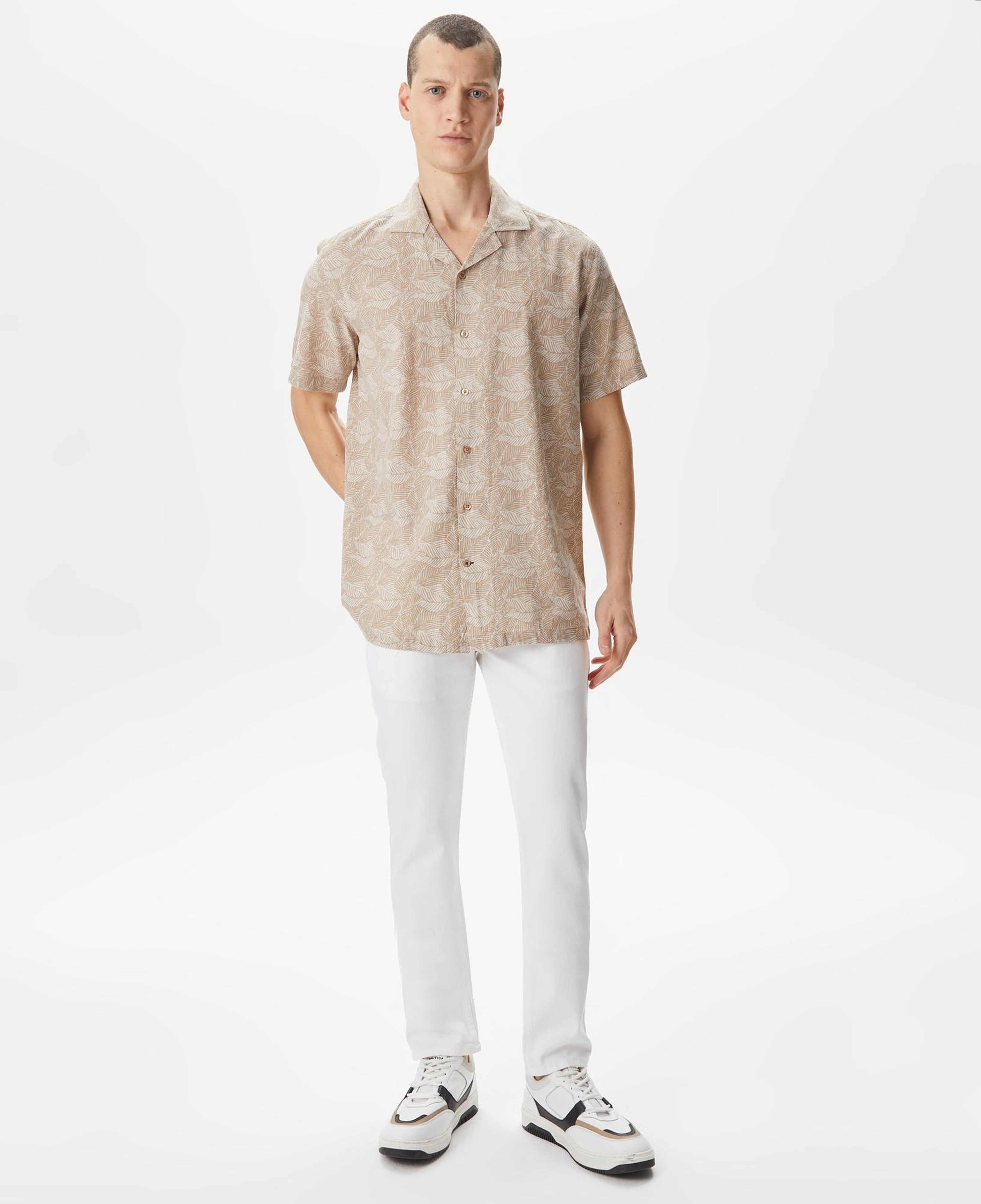 Nautica Erkek Bej Classic Fit Kısa Kollu Desenli Keten Gömlek