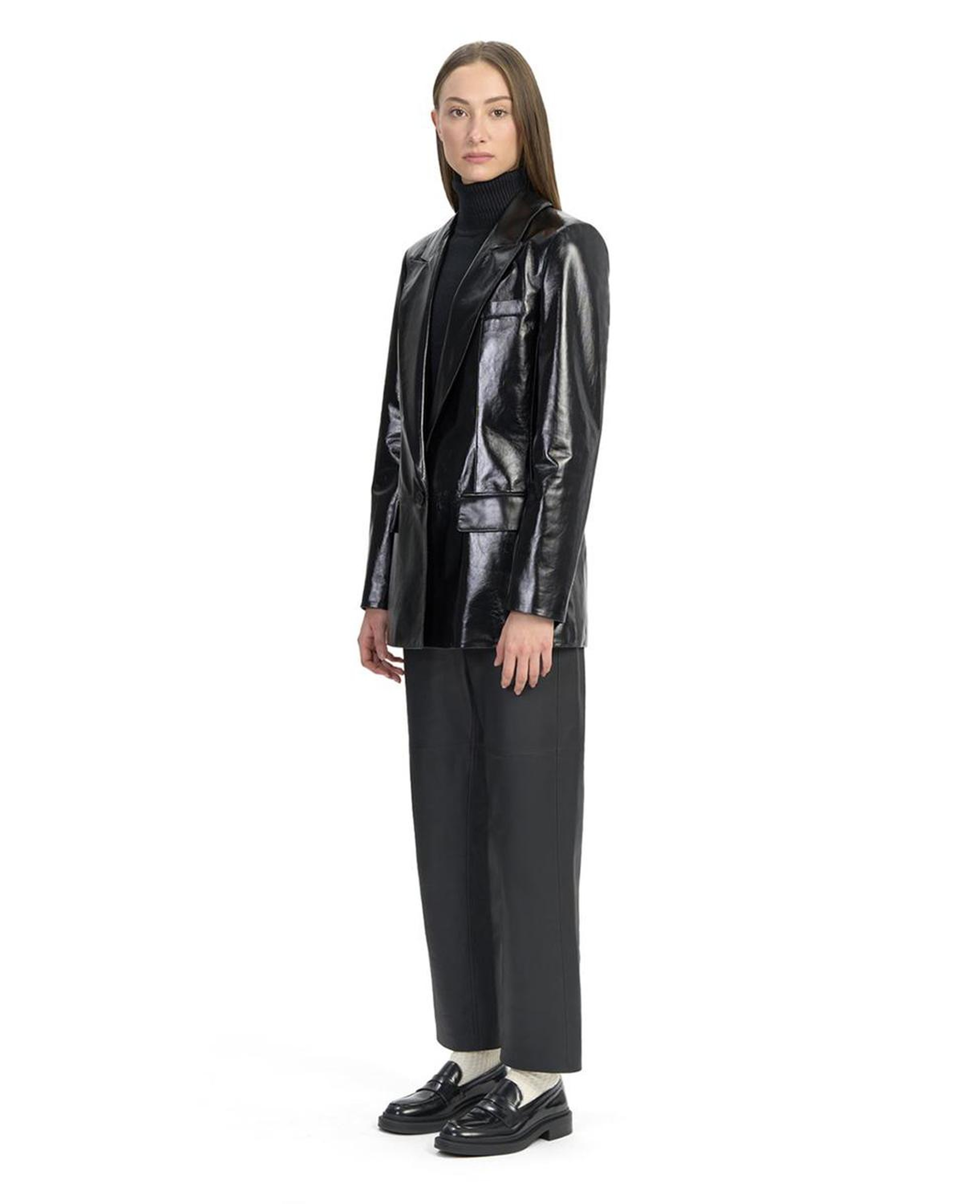 Minira Siyah Deri Blazer Ceket