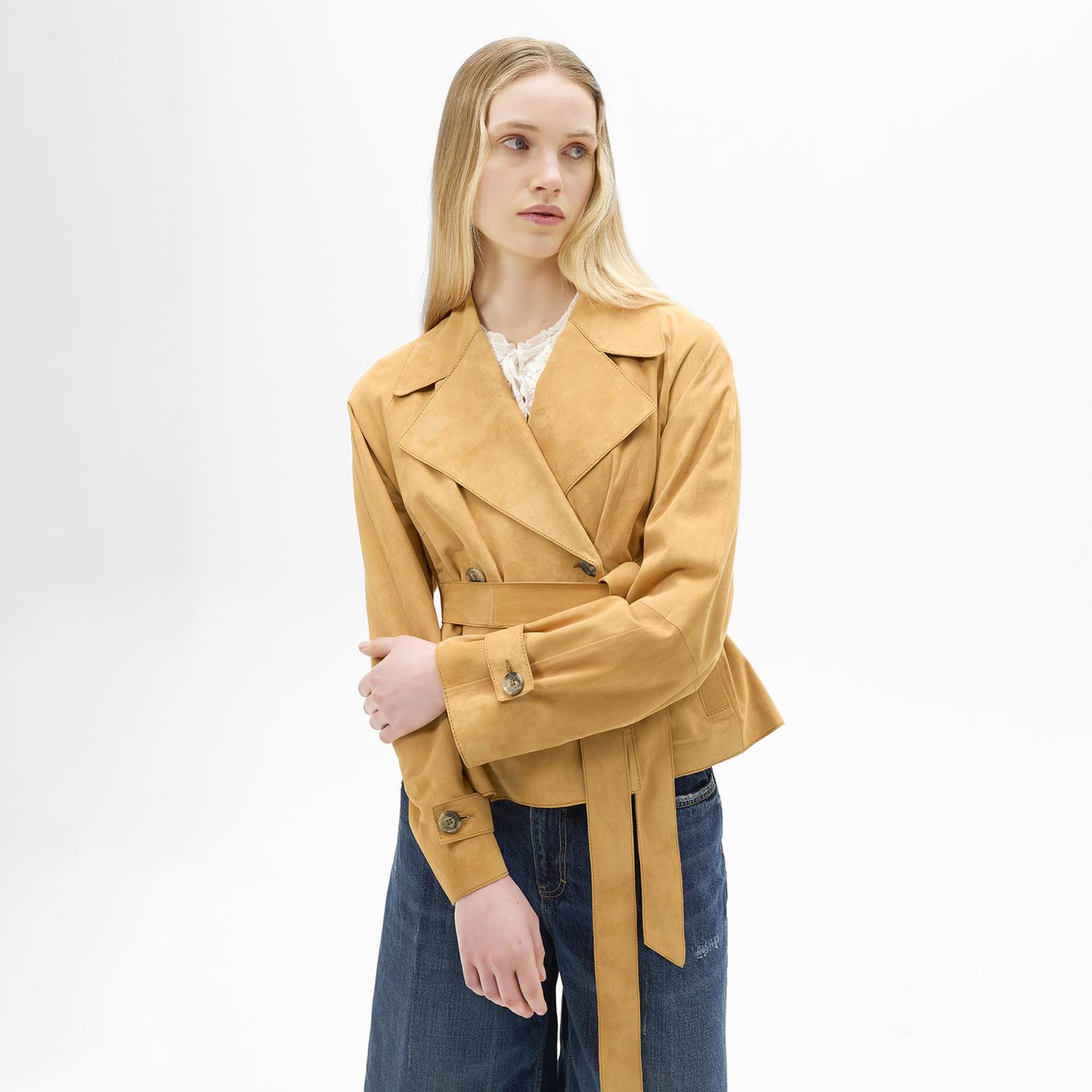 Limited Edition Kadın Turuncu Belden Bağlamalı Süet Kısa Trençkot