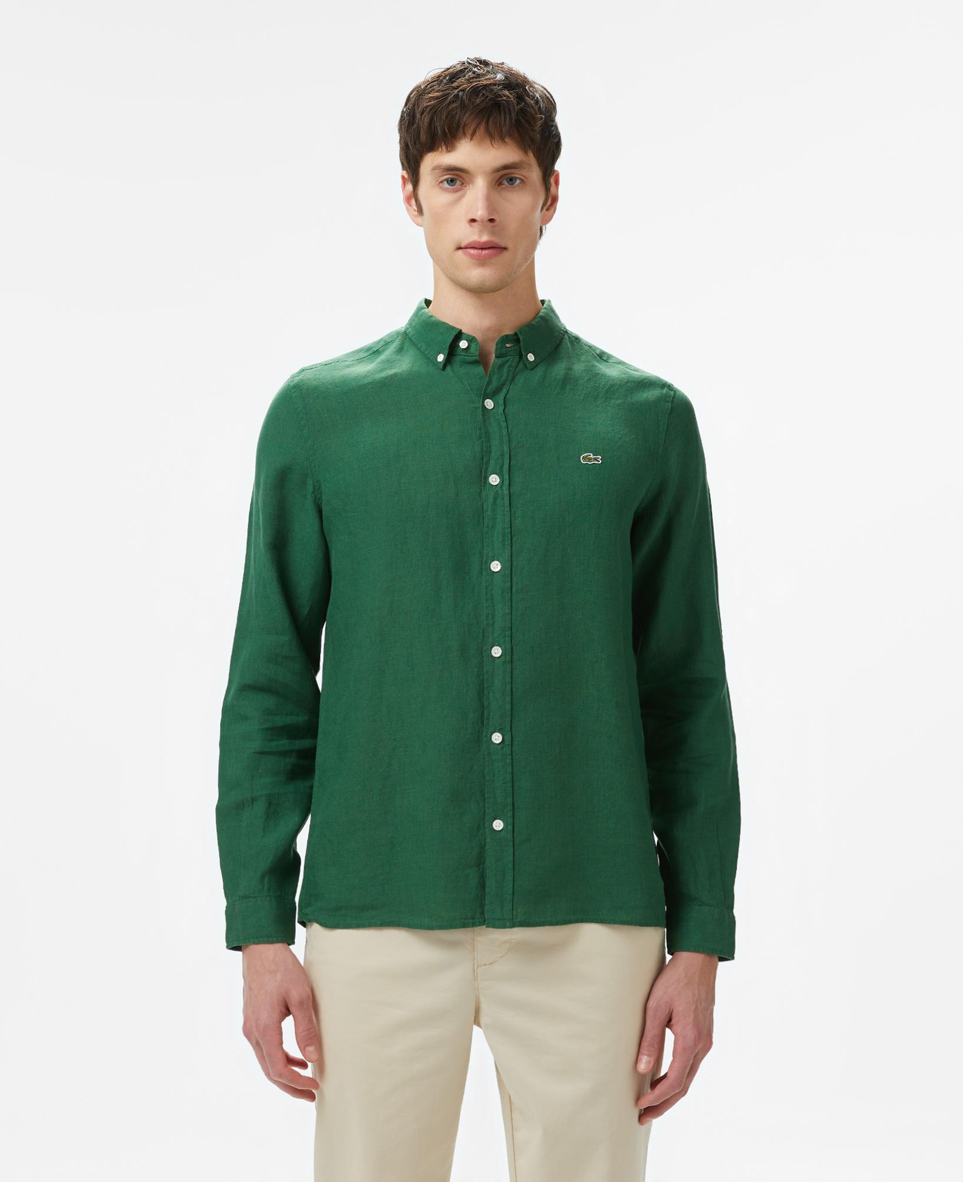 Lacoste Erkek Regular Fit Düğmeli Yaka Keten Koyu Yeşil Gömlek