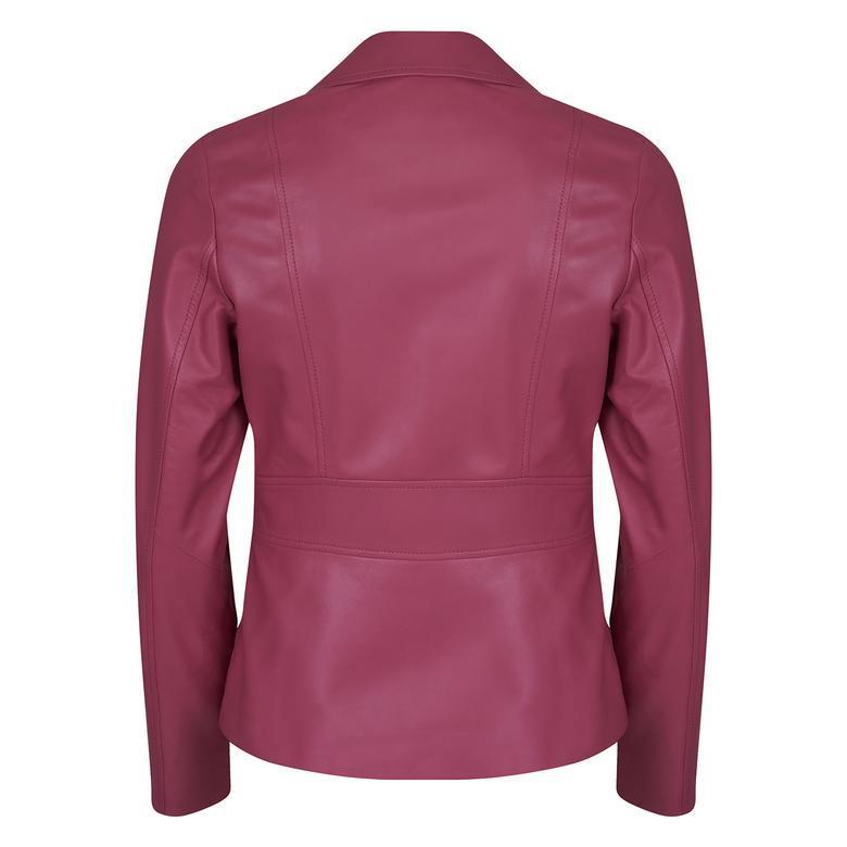 Rania Fuşya Kadın Vintage Deri Biker Ceket