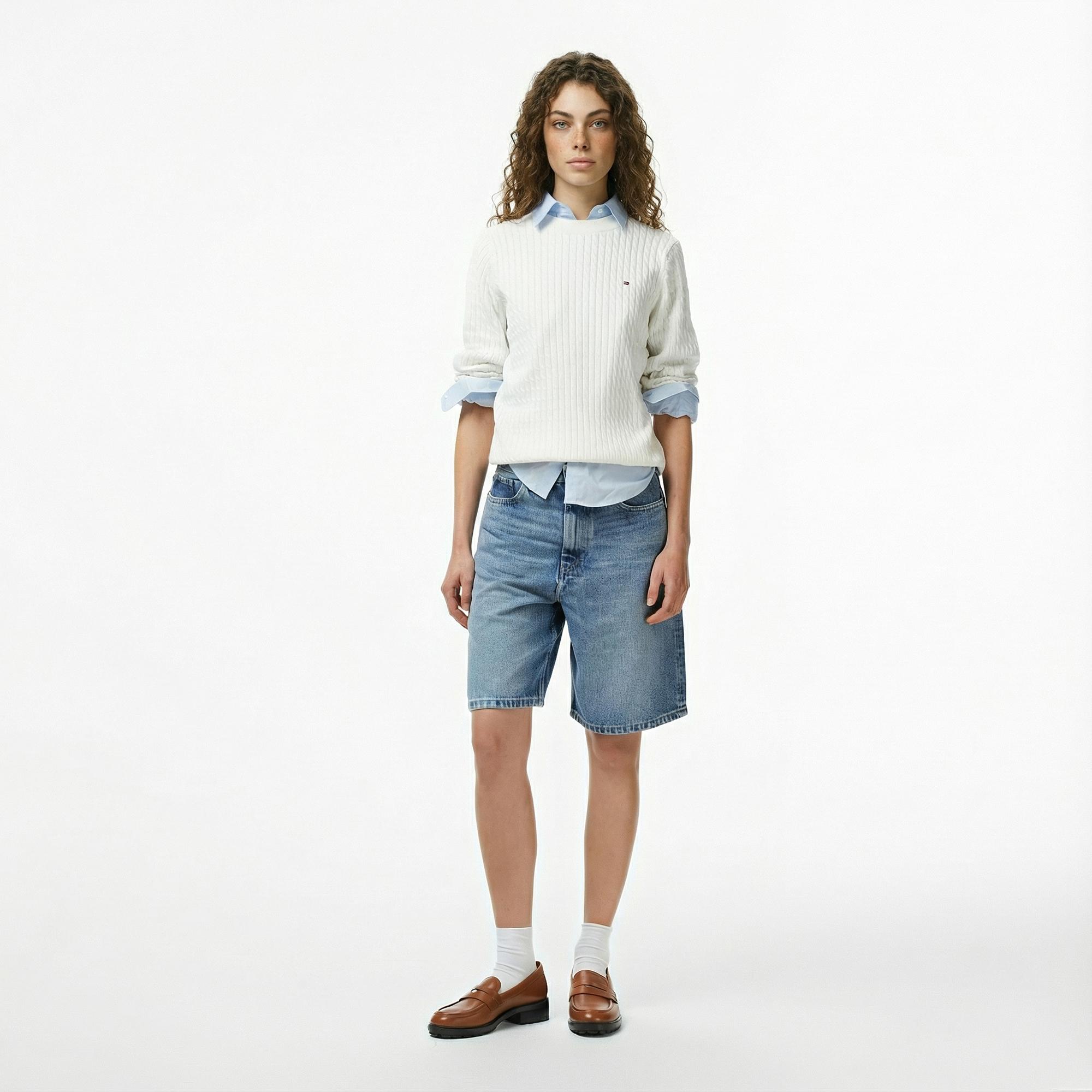 Tommy Hilfiger Cable Fine Kadın Beyaz Kazak