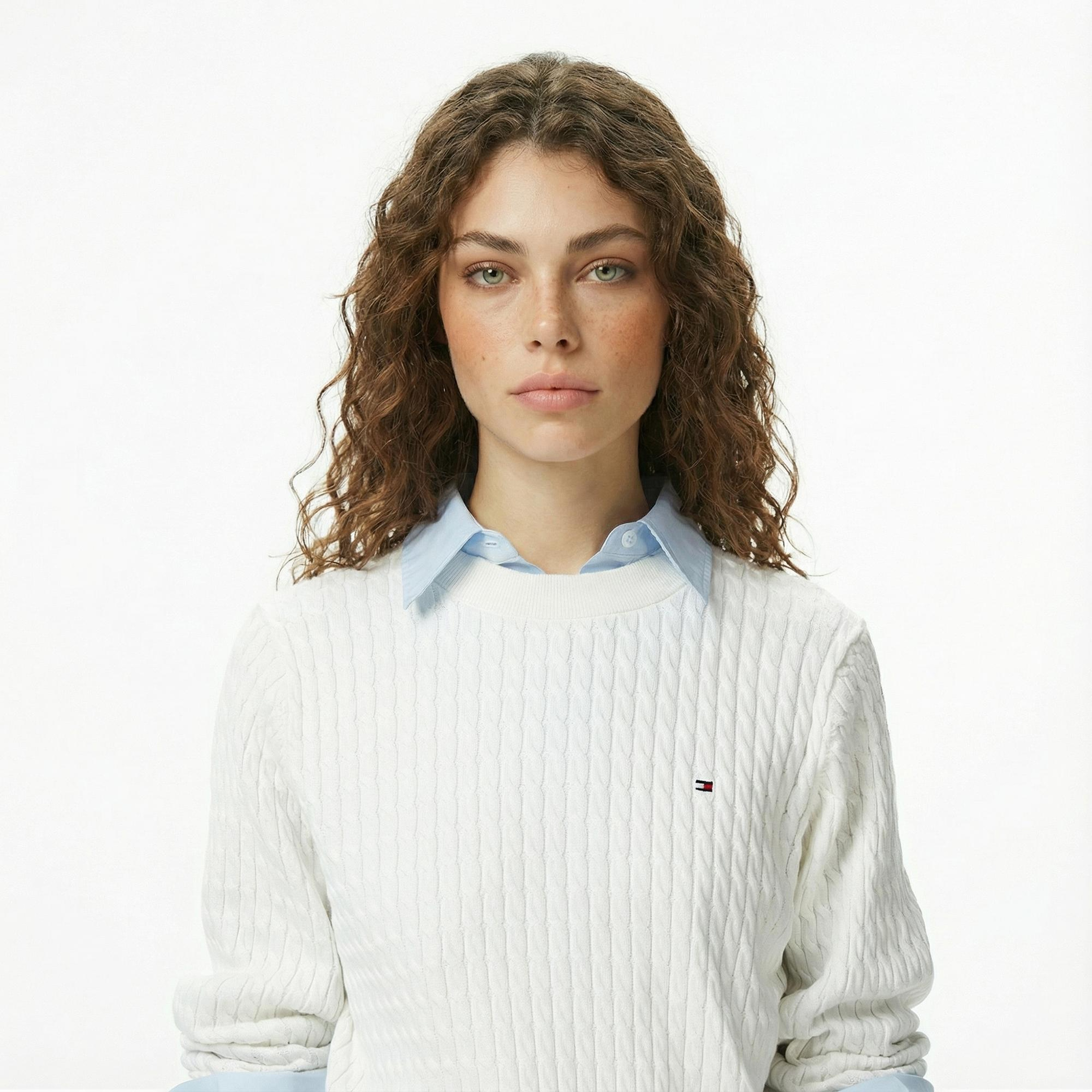 Tommy Hilfiger Cable Fine Kadın Beyaz Kazak