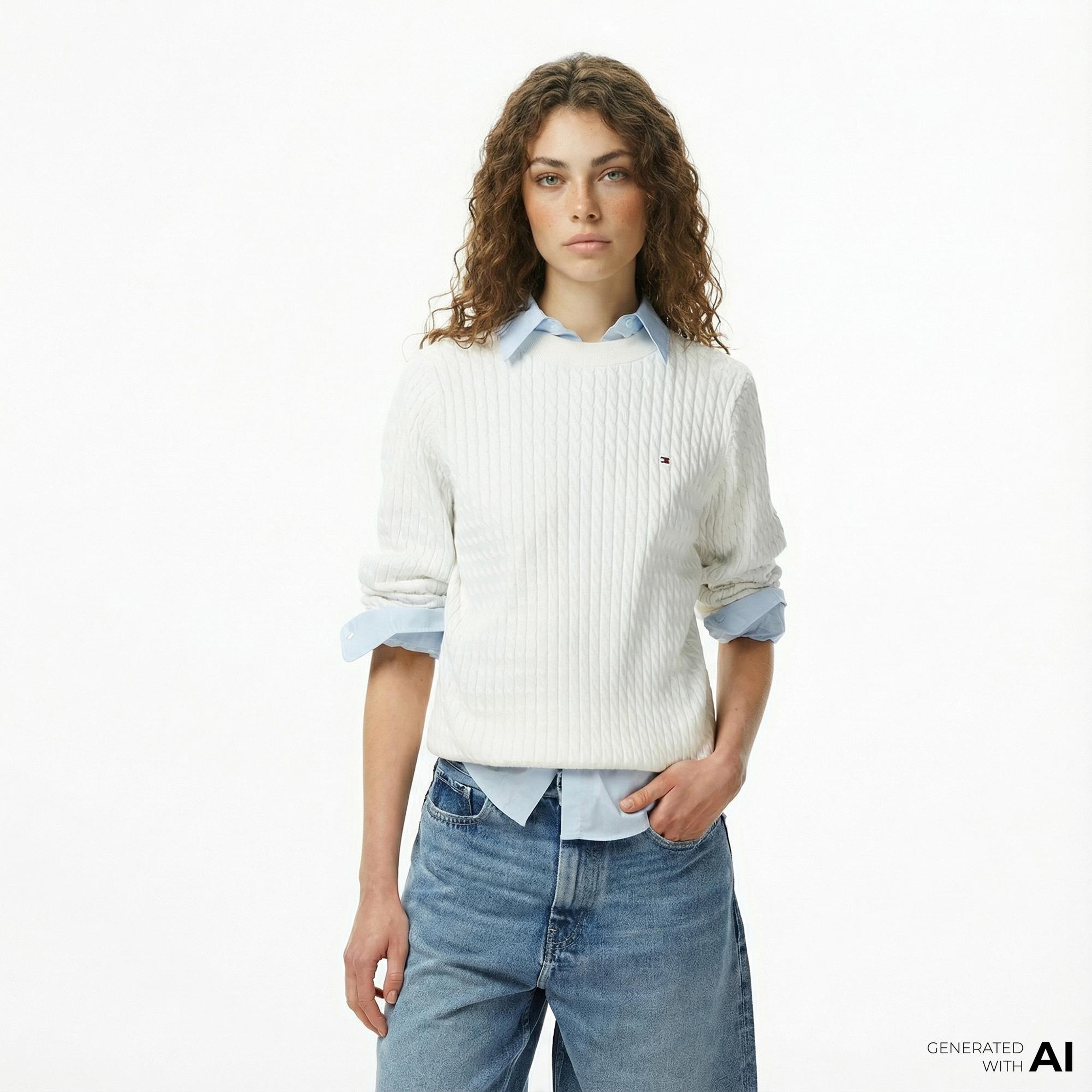 Tommy Hilfiger Cable Fine Kadın Beyaz Kazak