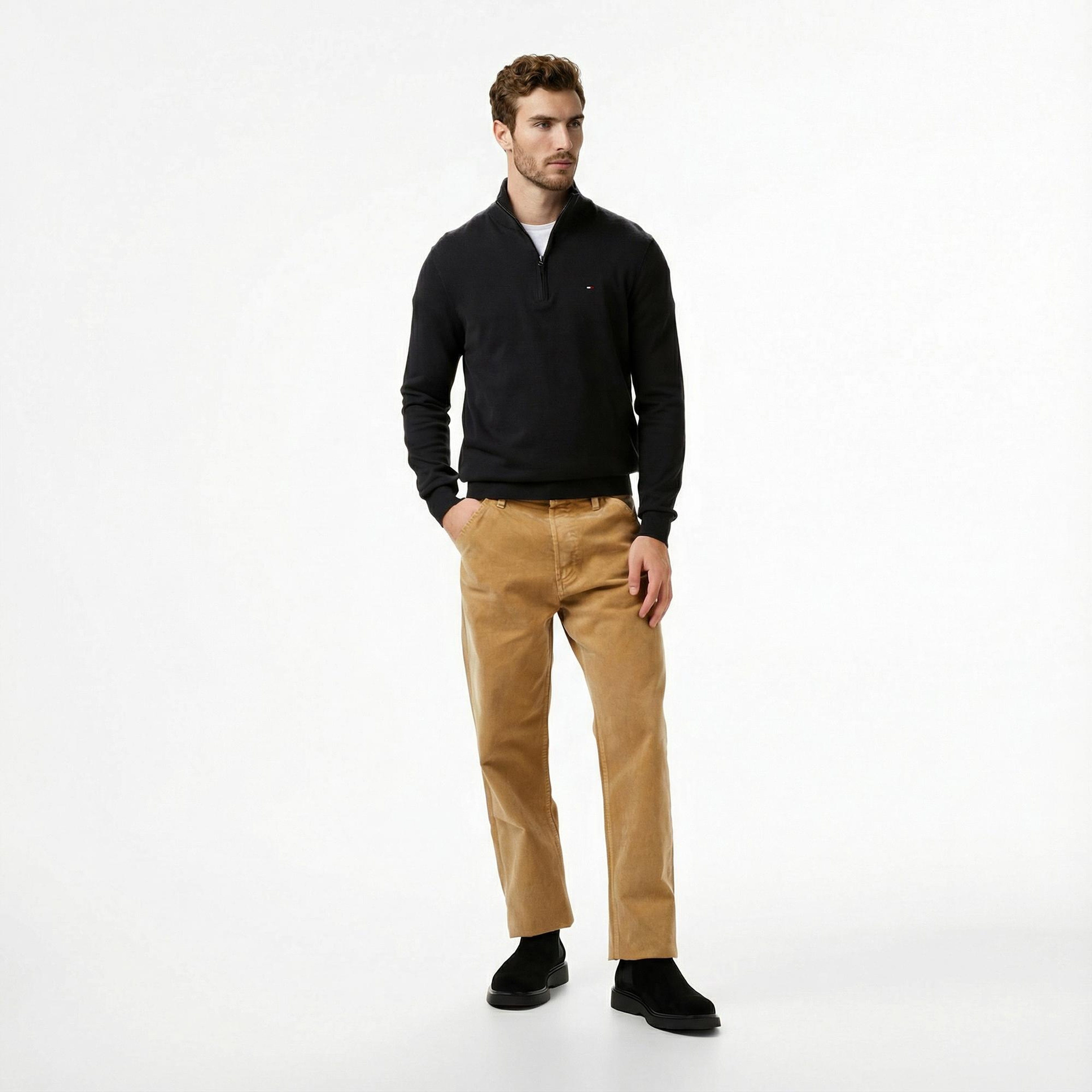 Tommy Hilfiger Essential Cotton Mock Erkek Yarım Fermuarlı Triko Siyah Kazak