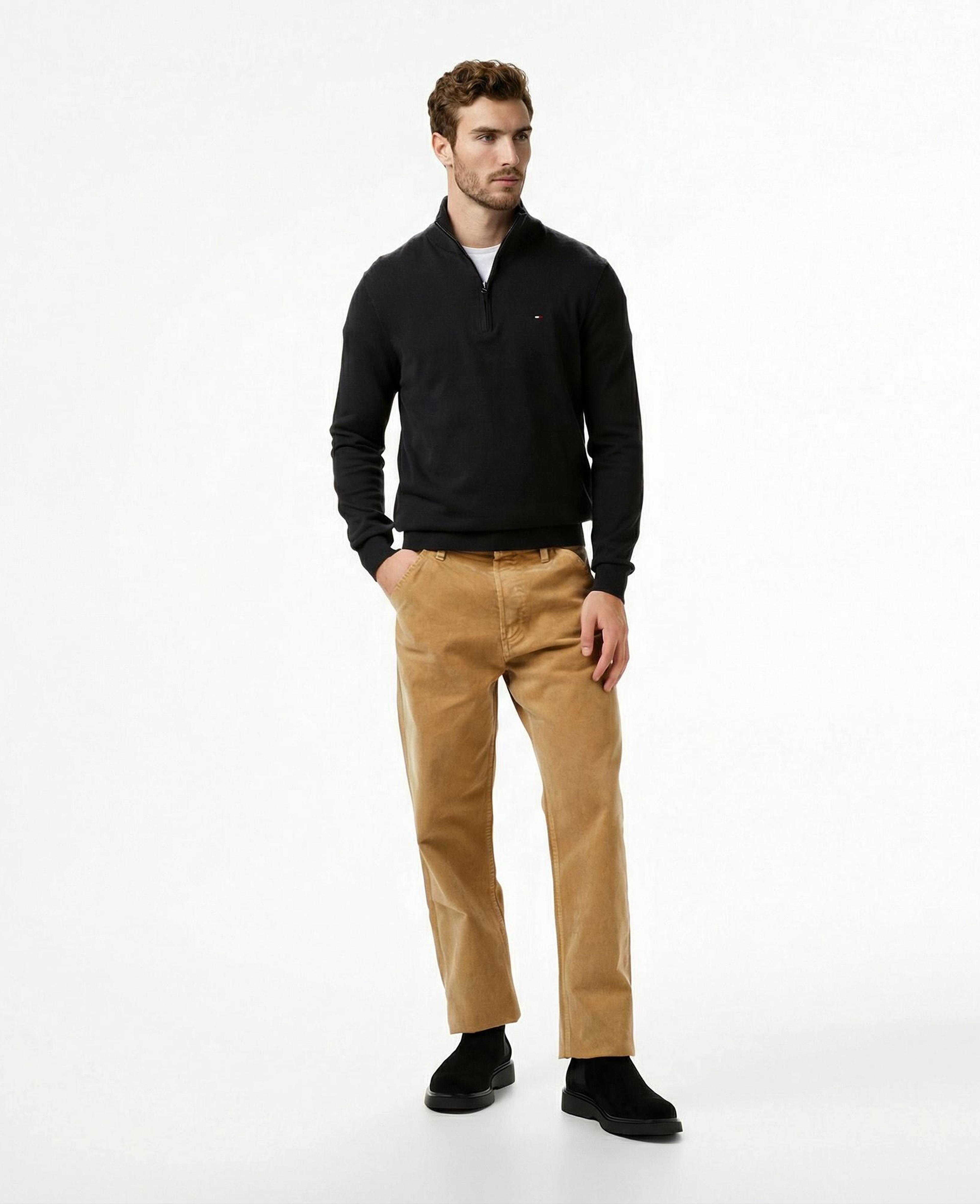 Tommy Hilfiger Essential Cotton Mock Erkek Yarım Fermuarlı Triko Siyah Kazak