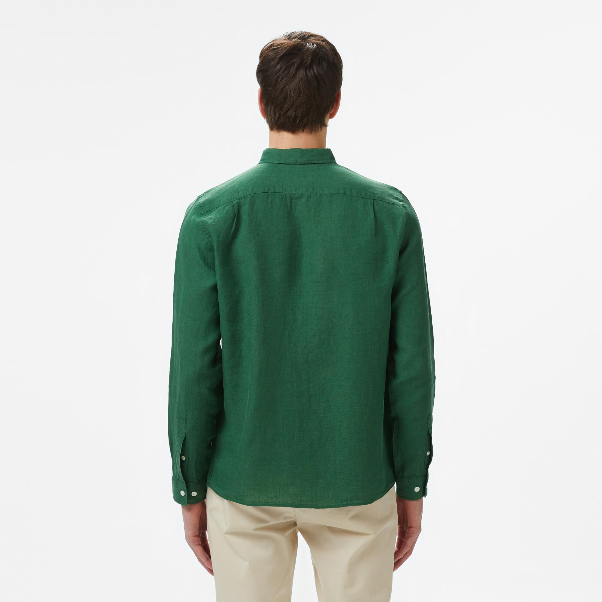 Lacoste Erkek Regular Fit Düğmeli Yaka Keten Koyu Yeşil Gömlek